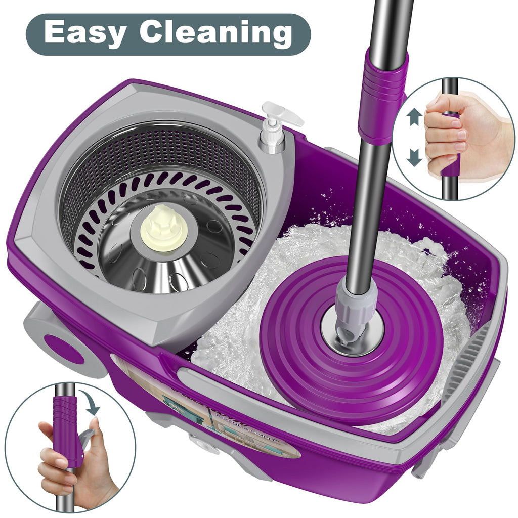 Dual Compartment Spin Mop and Bucket, Mop and Bucket with Wringer Set,360°Rotating Spinning Mopping for Floor Cleaning with 6 Microfiber Replacement Heads, 61" Extended Handle, 2X Wheel - Deep Green