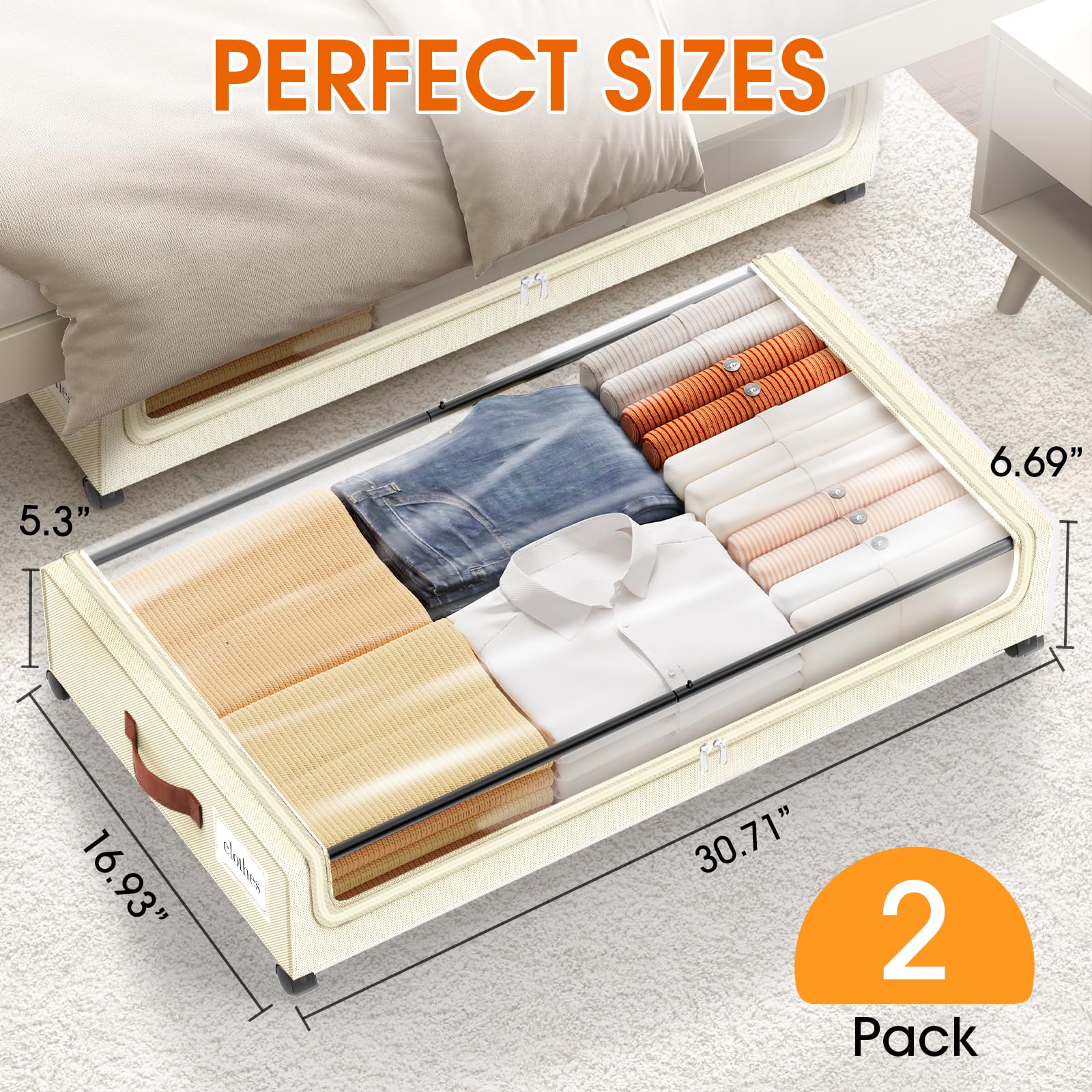SpaceHacks Under Bed Storage with Wheels 1Pack Underbed Storage with Clear Window&Label Under Bed Drawers Large Capacity Rolling Under Bed Storage for Clothes,Shoes, Blankets (Beige)