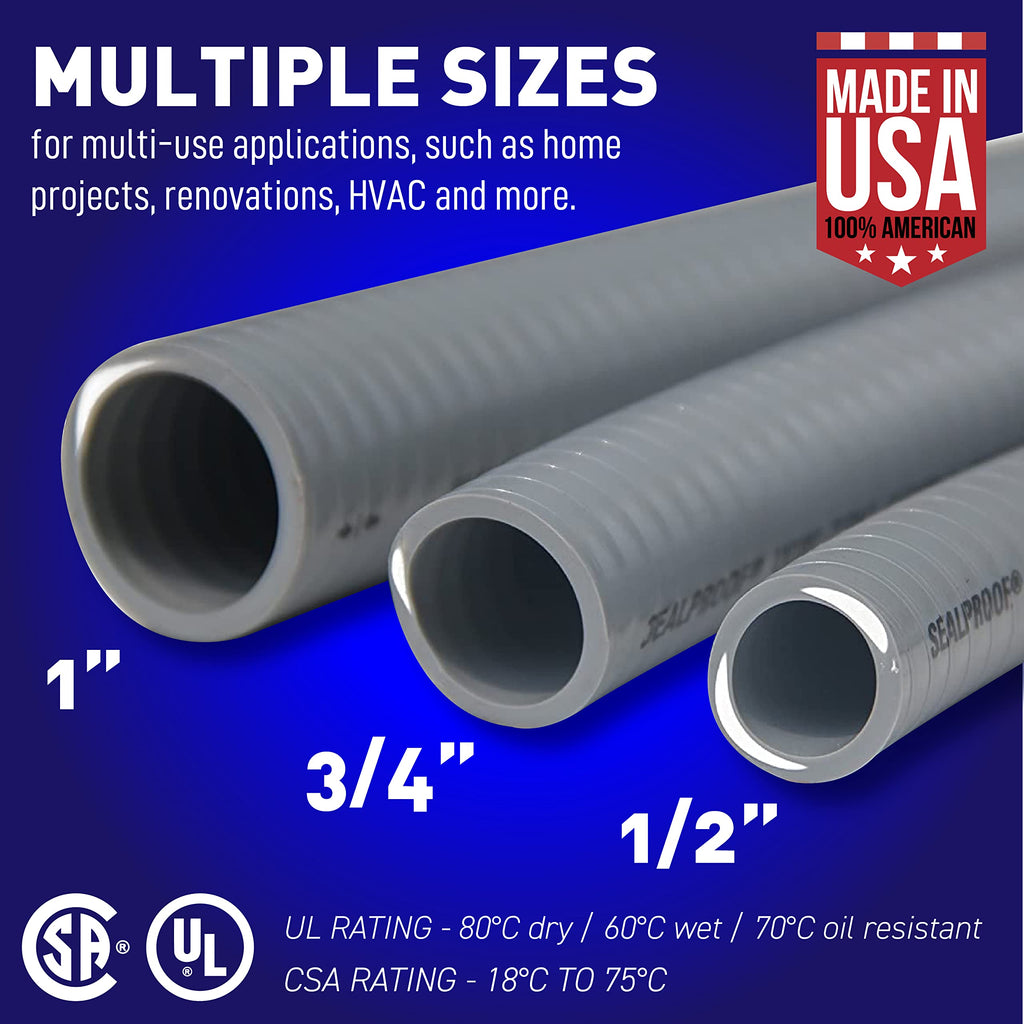 Sealproof 1-1/2 Inch Non-metallic Liquid-Tight Conduit and Connector Kit, 25 Foot Made in USA Flexible Electrical Conduit Type B with 4 Straight and 2 90-Degree Conduit Connector Fittings, 1.5" Dia