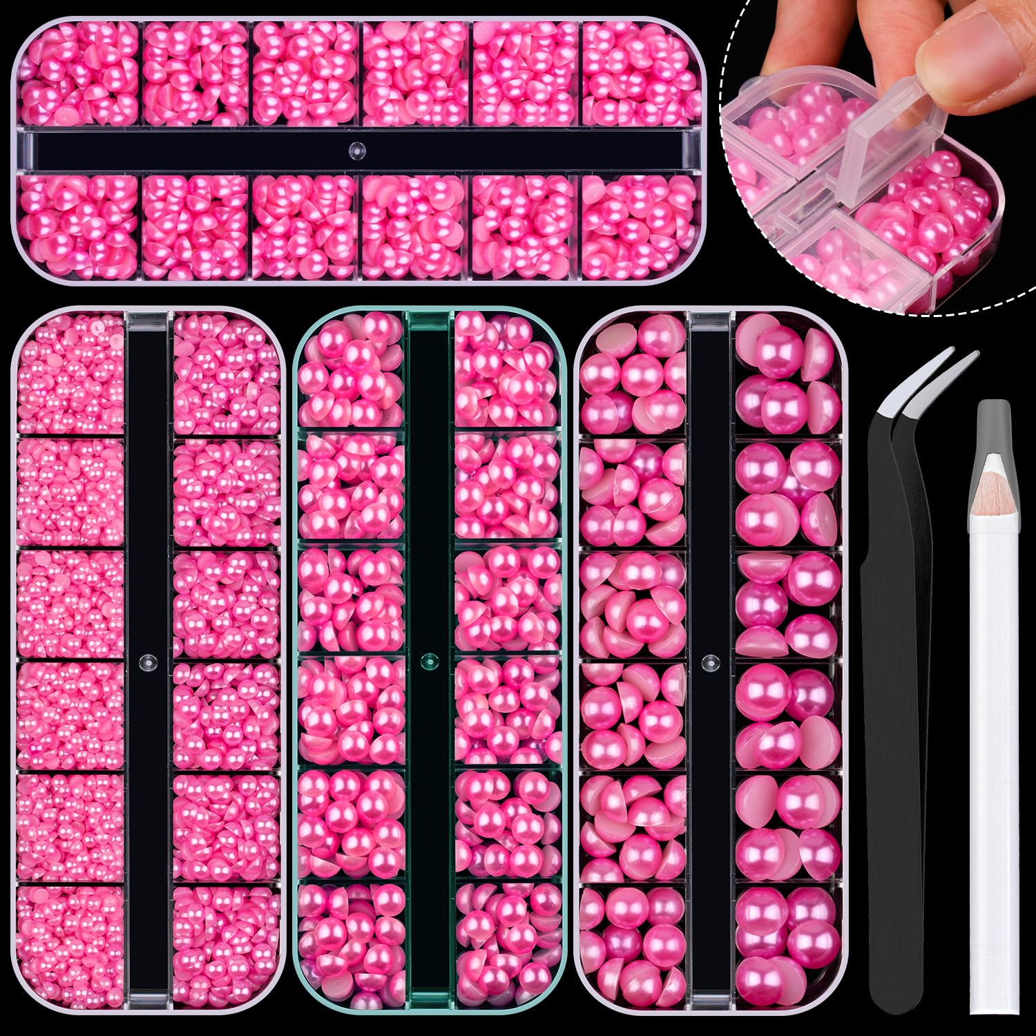 BELLEBOOST 5600pcs ABS Round Flat Back Beige Pearls Kit with Pickup Tools for Nail Art, Face, Body Decorations