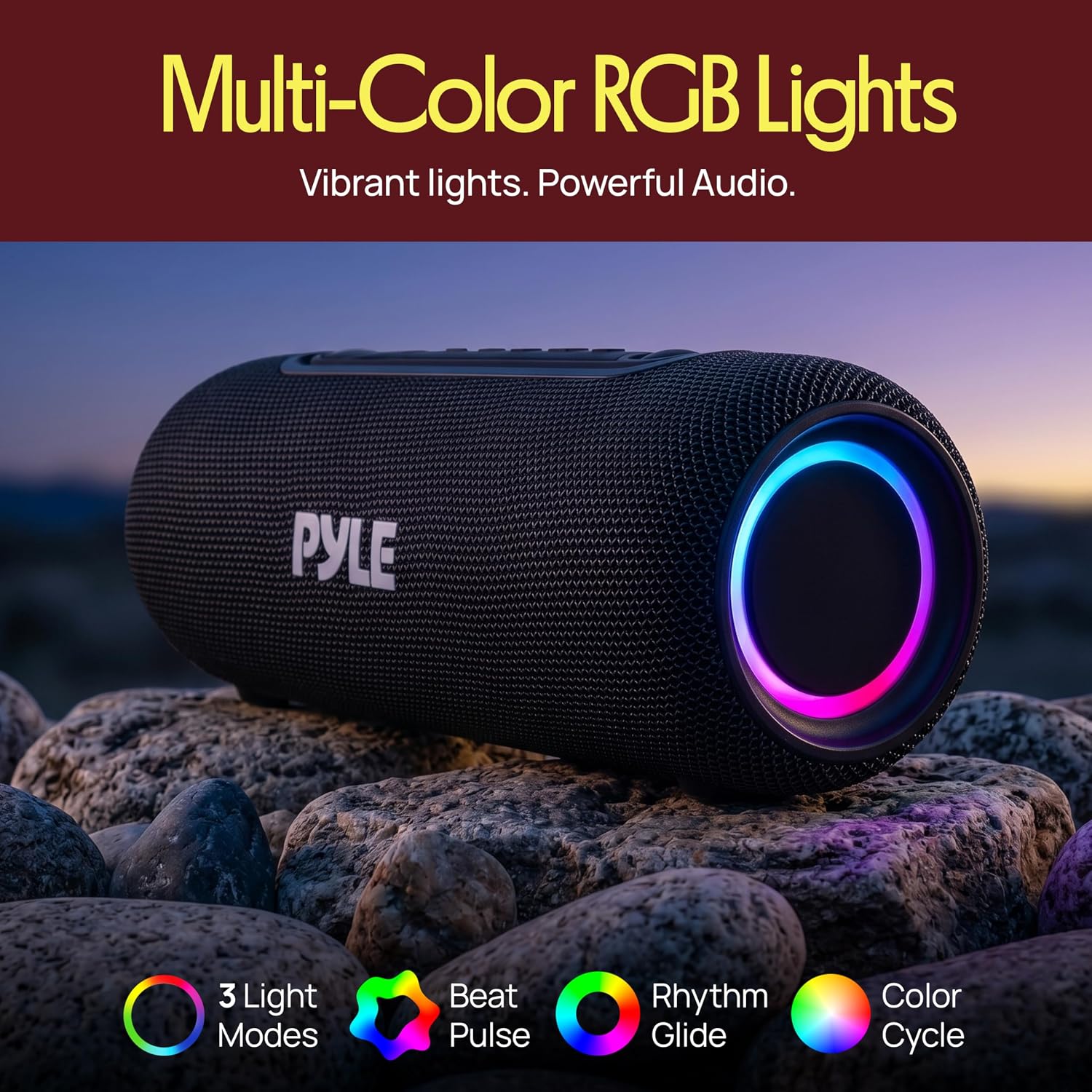 Pyle Portable Bluetooth Speaker - IPX5 Waterproof, Multi-Color LED, TWS Stereo Pairing, USB/AUX/FM, 20W Peak Power, 5H Battery, Built-In Mic, Shockproof ABS Design - Outdoor, Travel, Home - PBTPSP20BK
