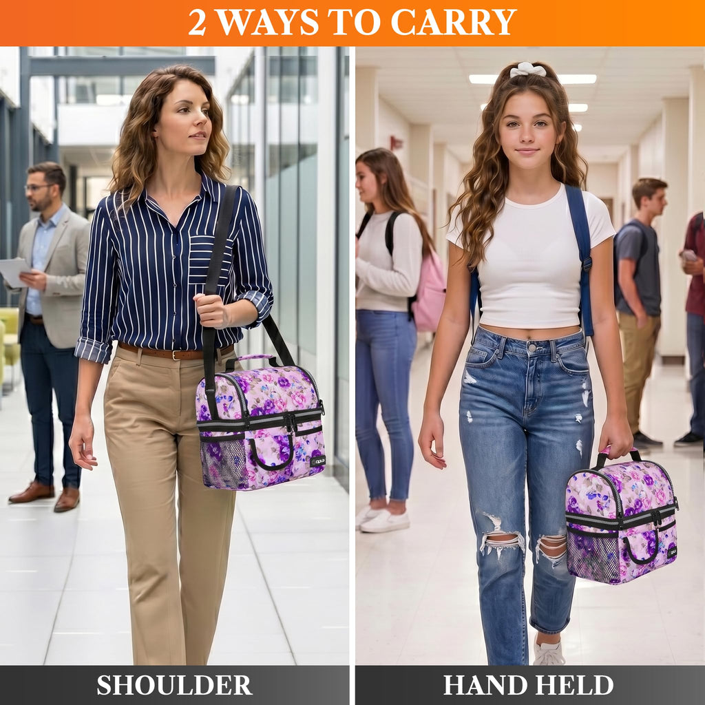 opux Insulated Lunch Bag Women Men, Dual Compartment Leakproof Lunch Box Adults Kids, Double Decker Meal Prep Bento Lunch Cooler Tote with Shoulder Strap for Work Office School Travel, Black