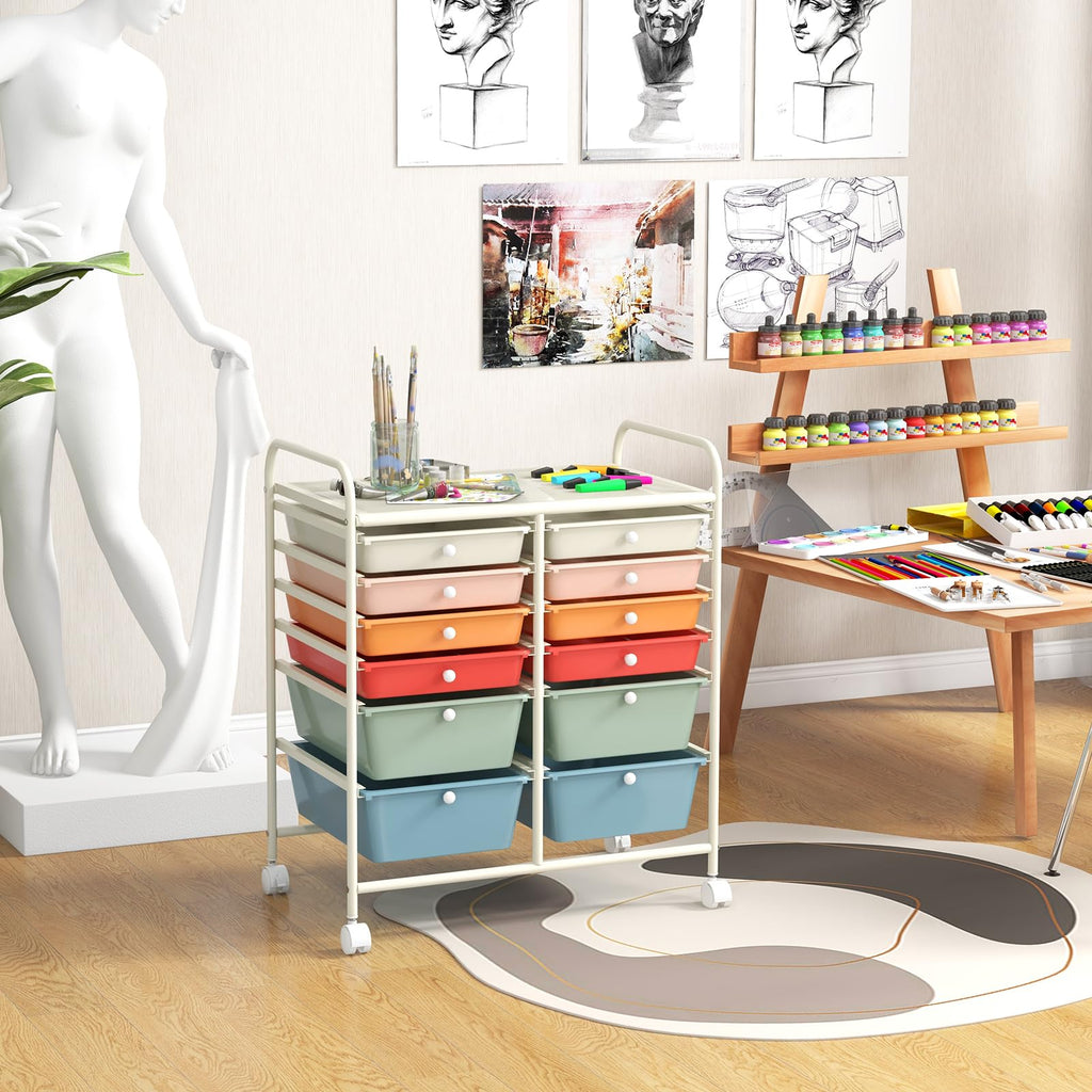 LDAILY 9 Drawer Rolling Storage Cart, Rolling Cart with Drawers for Classroom, Art Supply Craft Organizer on Wheel with Metal Frame & Handles for Home Office School
