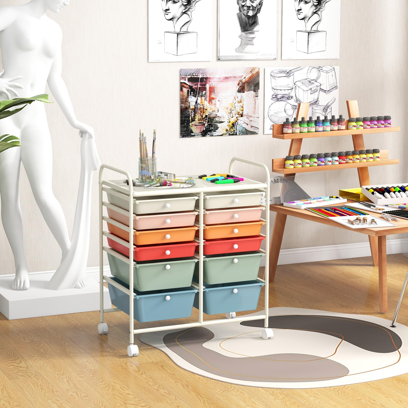 LDAILY 9 Drawer Rolling Storage Cart, Rolling Cart with Drawers for Classroom, Art Supply Craft Organizer on Wheel with Metal Frame & Handles for Home Office School