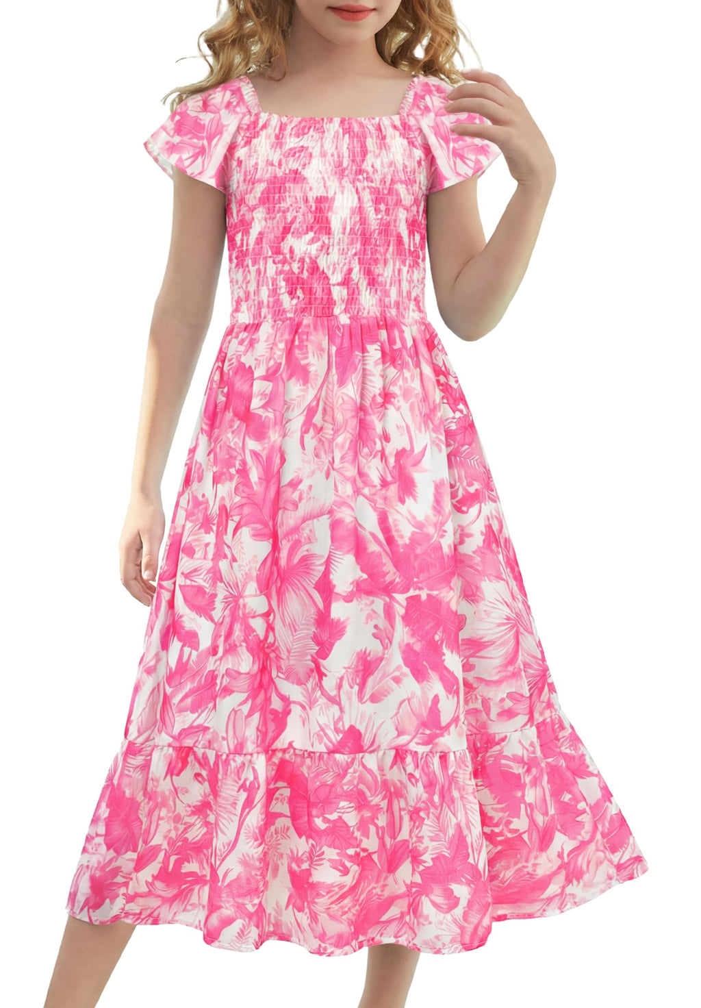 GRACE KARIN Girls Flutter Sleeve Floral Dresses Girl Long Midi Spring Dress Kids Smocked Flare Summer Dress 6-16Y