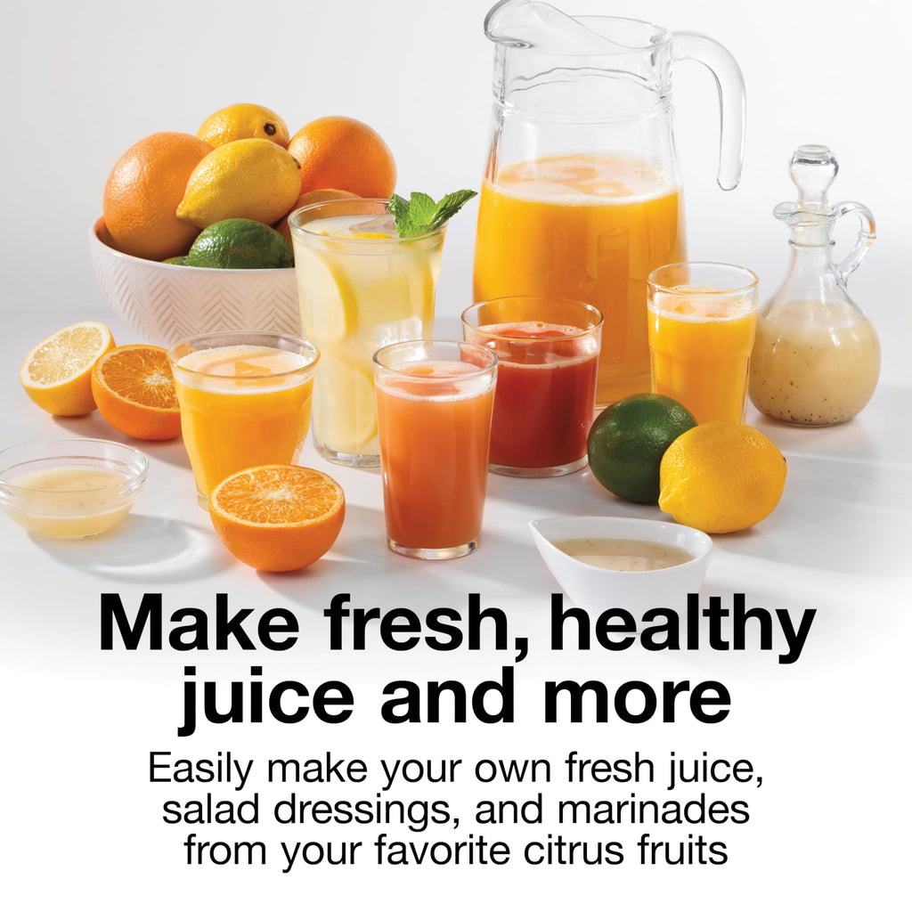 Proctor Silex Electric Citrus Juicer Machine, Large 34 oz. Pitcher, Pressure Activated, 2 Reamers for Big and Small Fruit, Pulp Control, for Orange, Lemon, Grapefruit Juice, White & Green (66340)