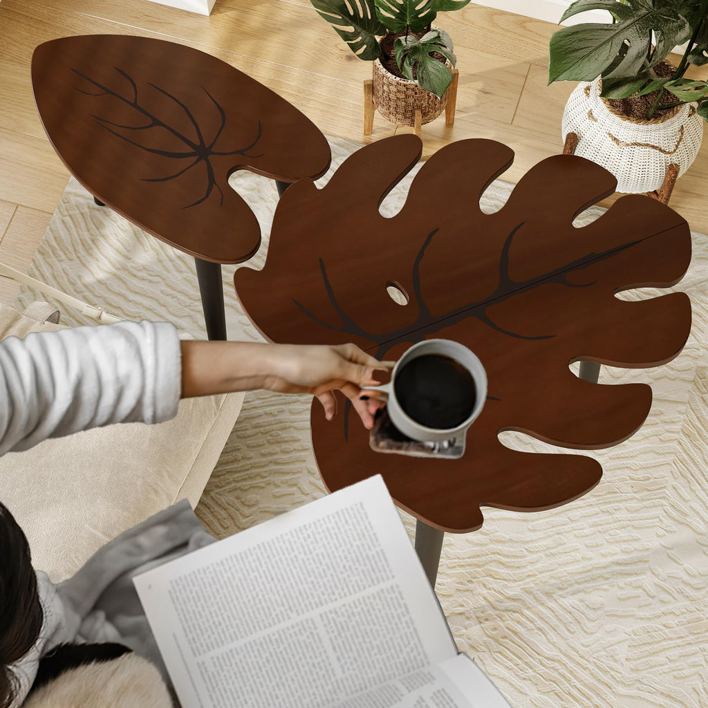 BAMEOS Monstera Leaf Nesting Tables Set of 2, Small Side Tables f Set with Leaf Vein Pattern, Modern Wooden CoffeeTables for Living Room Bedroom Apartment Balcony Yard
