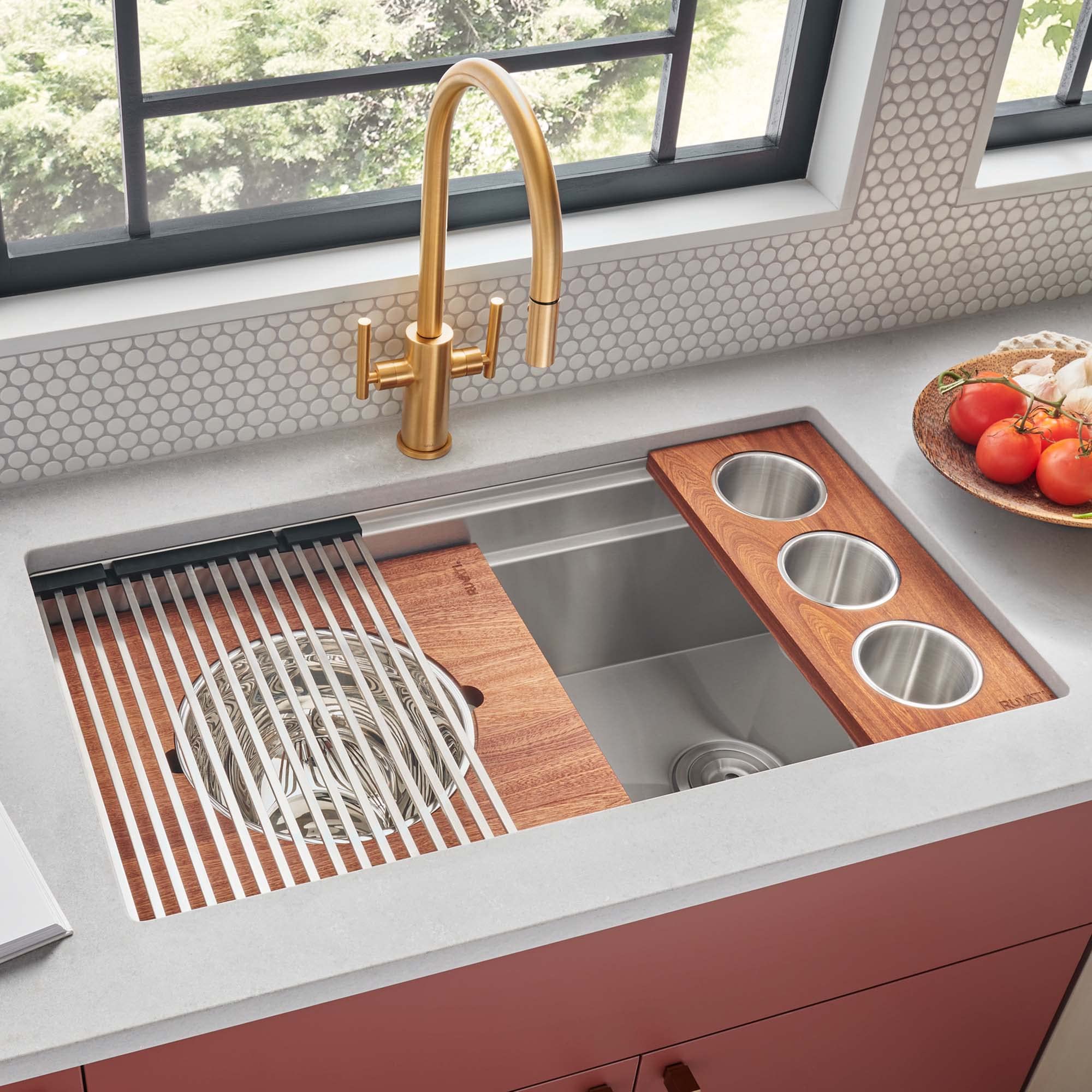 Ruvati 33-inch Workstation Kitchen Sink - Dual Tier Double Bowl Kitchen Sink - Low Divide Undermount Sinks - 16 Gauge Stainless Steel Kitchens Sinks - RVH8255