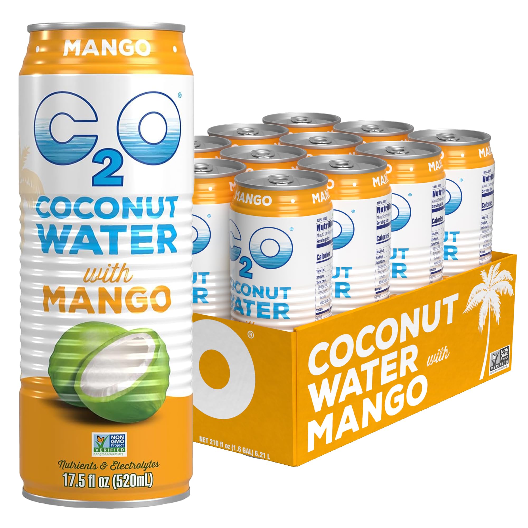 C2O - Coconut Water with Ginger, Lime, & Turmeric (12 Pack) - Made with Fresh Coconut Water - Plant Based - Non GMO - Canned Water - Natural Hydration, Electrolytes, & Potassium - 12 Cans, 17.5 FL OZ