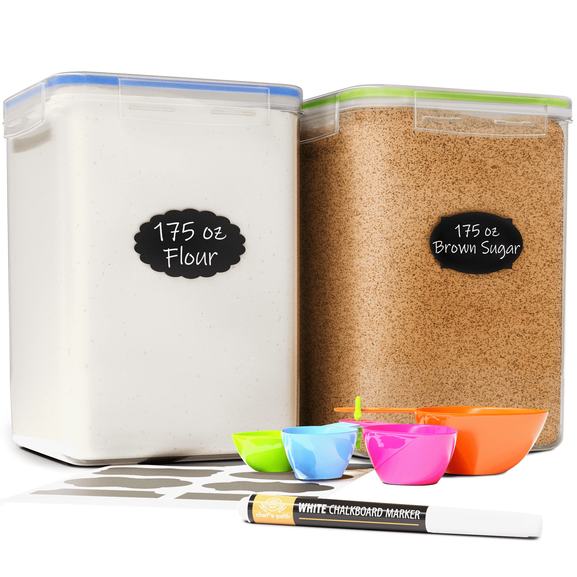 Chef's Path Kitchen Storage Box Set of 4 Extra Large Airtight Food Storage Jars for Sugar Flour Cereal Rice - Measuring Spoons, Pen and Food Preservation Labels (5.2 L)