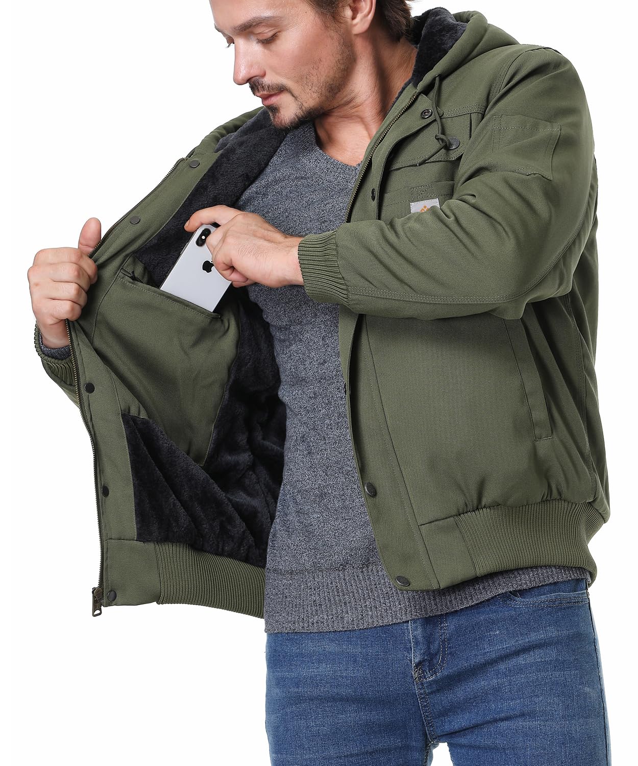 TUAOVA Men's Fit Relaxed Work Coat Fleece Lined Waterproof Workwear Winter Hooded Jacket with Multiple Pockets