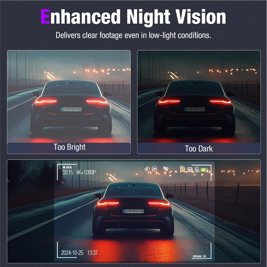 3-Channel 4K Dash Cam with WiFi, 4K+1080P+1080P Front/Inside/Rear, Night Vision, Parking Mode, 64GB Card Included