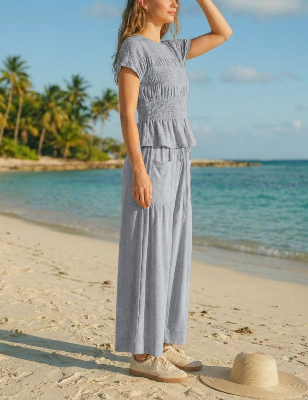 Antnation Womens 2 Piece Smocked Top Wide-Leg Pants Set High-Waisted Lounge Outfit with Pockets Casual Boho Matching Set