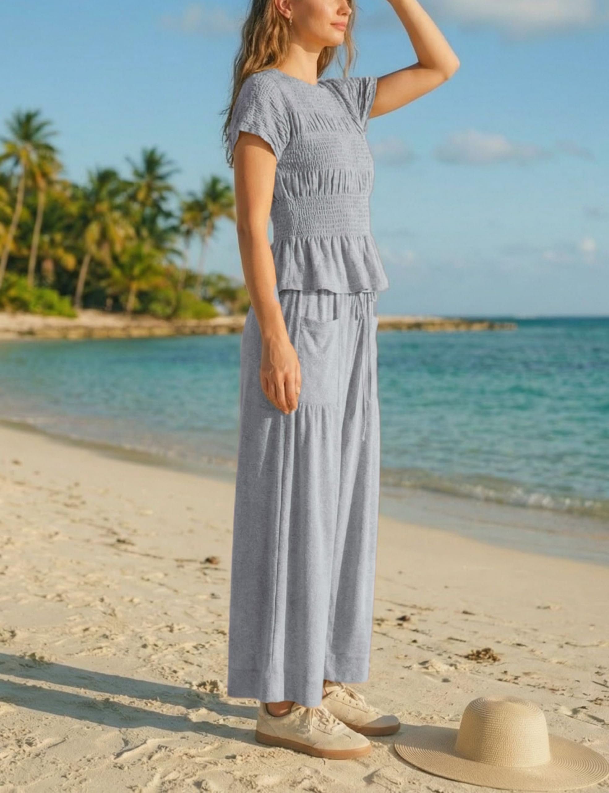 Antnation Womens 2 Piece Smocked Top Wide-Leg Pants Set High-Waisted Lounge Outfit with Pockets Casual Boho Matching Set