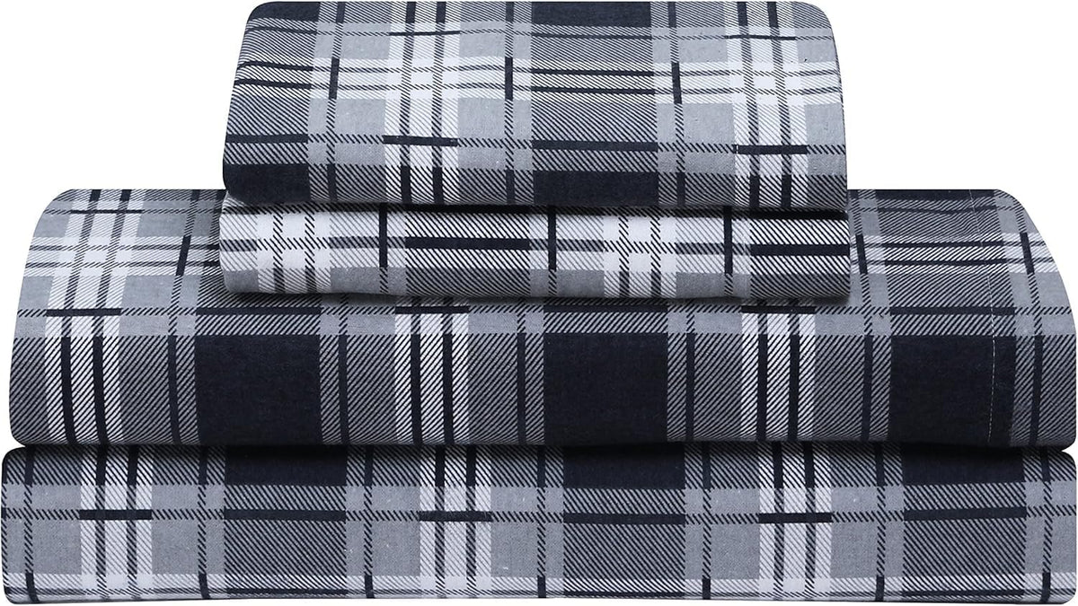 Feather & Stitch 100% Cotton Flannel Twin Sheet Set, 3 Piece Brushed Cotton Flannelette Flat Sheet, Winter Fitted Sheet, Heavy Weight Bedding, 16" Deep Pocket (Grey Plaid)