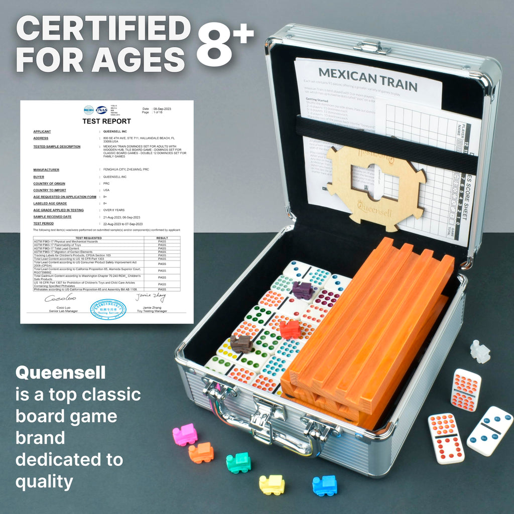 Queensell Mexican Train Dominoes Set Double 15 for Adults and Family, Mexican Train Double 15 Dominoes Set Colored Dot - 136 Tiles, 9 Trains, Wooden Hub, Aluminum Case (Double 15)