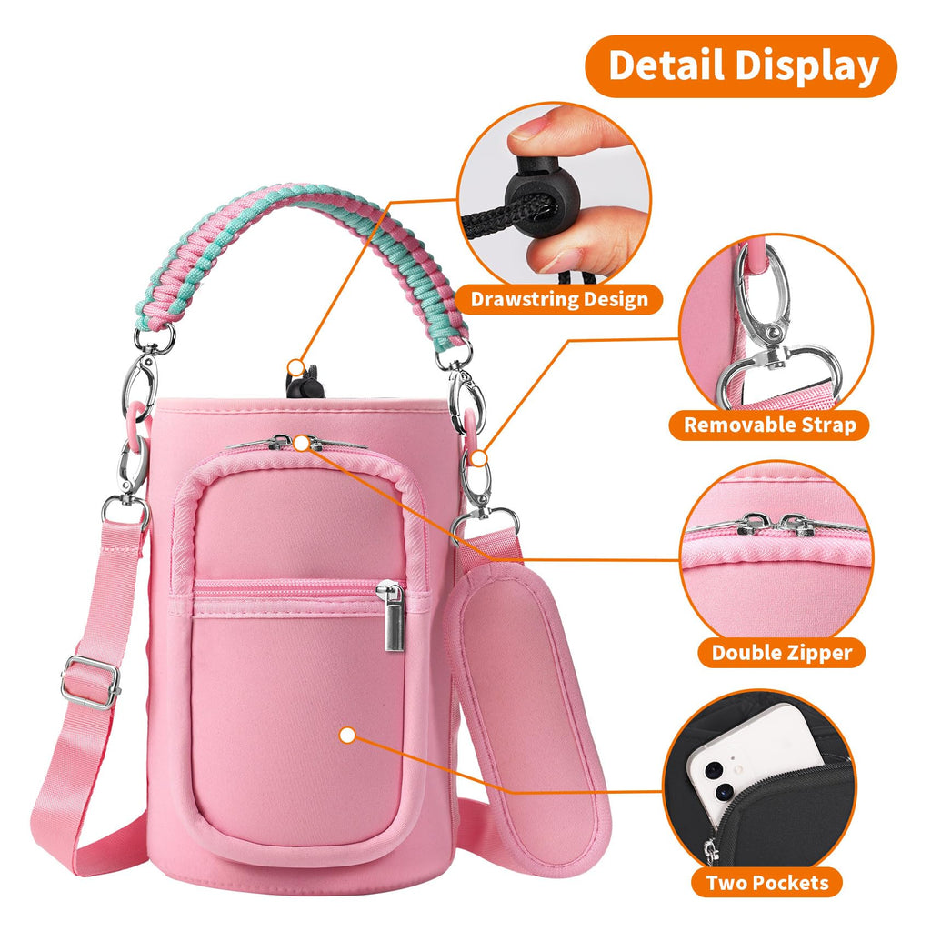 AceTreker 32/40/64/128 oz Neoprene Insulated Water Bottle Carrier Bag, Sling Bag Sleeve Pouch Holder with Strap & Paracord Handle and 2 Pocket for Travelling, Hiking, Camping