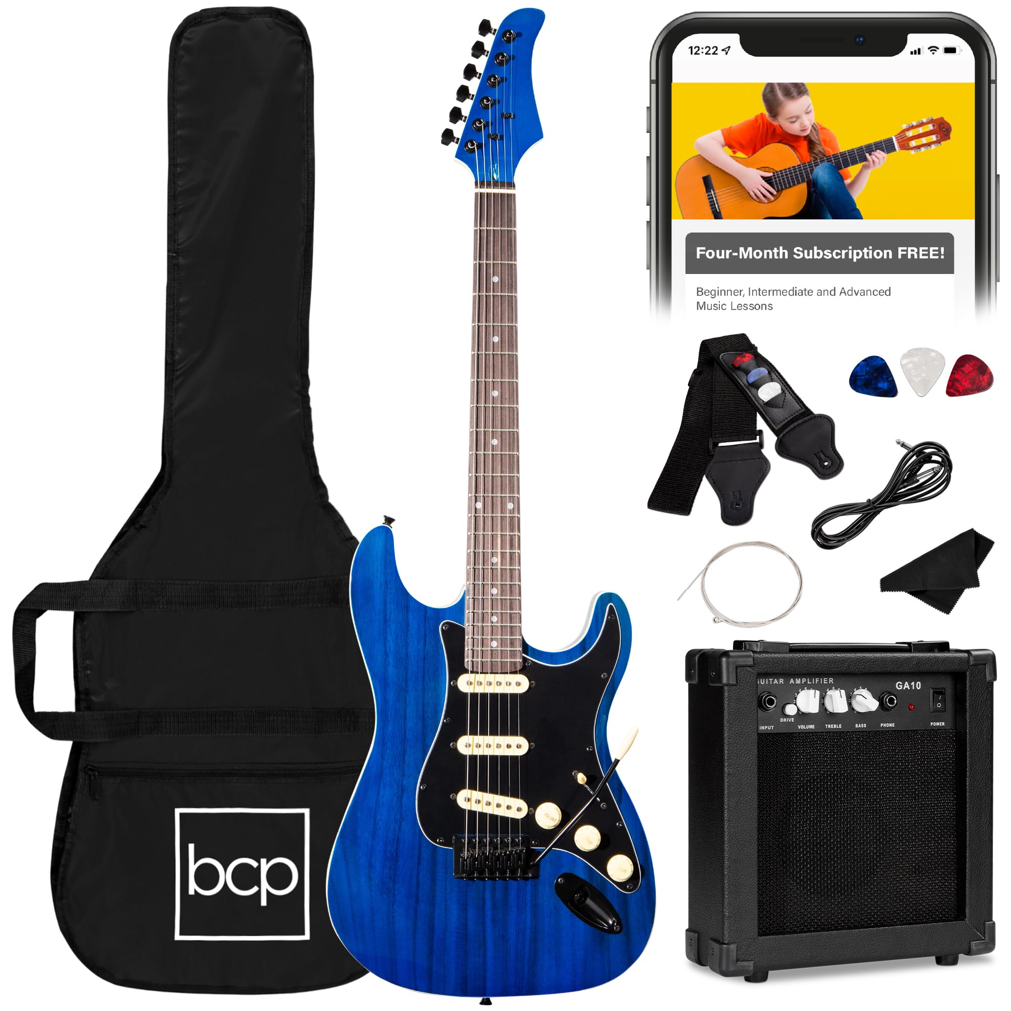 Best Choice Products 39in Full Size Beginner Electric Guitar Starter Kit w/Case, Strap, 10W Amp, Strings, Pick, Tremolo Bar - 3 Color Sunburst