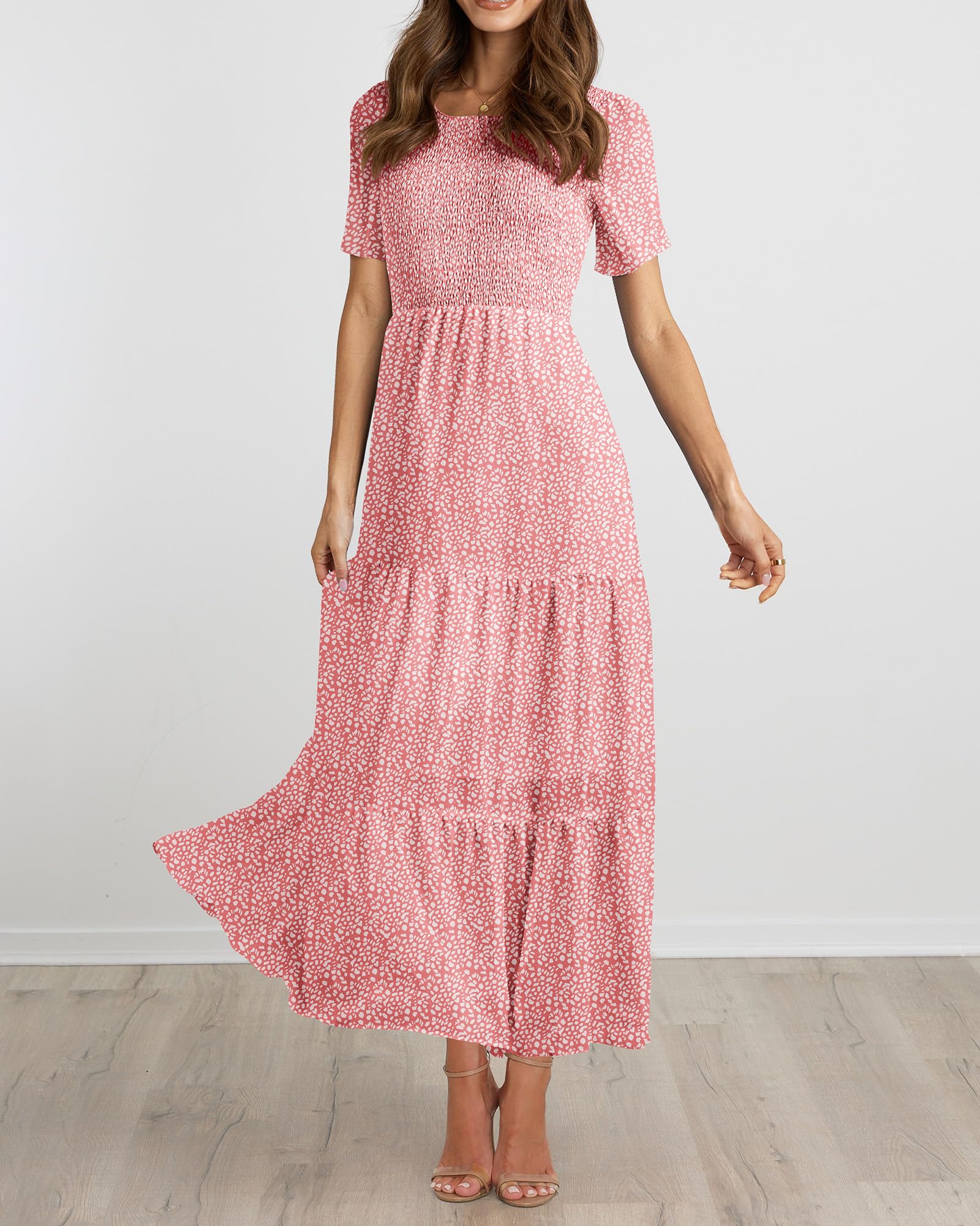 BTFBM Women Casual Short Sleeve Crew Neck Summer Dress Bohemian Floral Printed Flowy Maxi Dresses Tiered Cocktail Dress