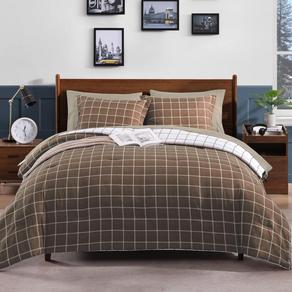 AMBERSPACE Plaid Twin XL Comforter Set Black, Reversible Checkered Bedding Set 5 Pieces for Boys Girls Teen, Lightweight Bed in a Bag for Dorm with Sheets, Pillowcase & Sham