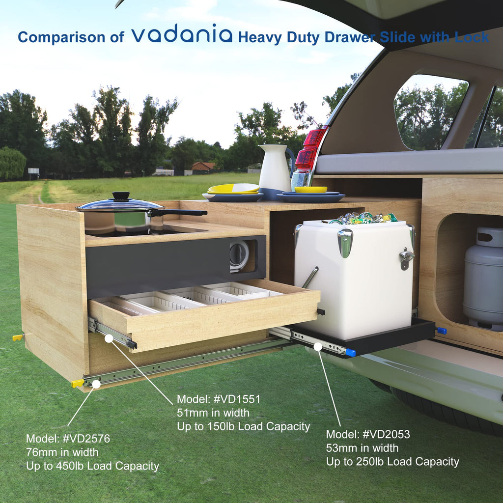 VADANIA 12" Heavy Duty Drawer Slide with Lock #D51, 150lb Load Capacity, 3-Fold Full Extension, Ball Bearing Lock-in & Lock-Out, Side Mount, 1-Pair