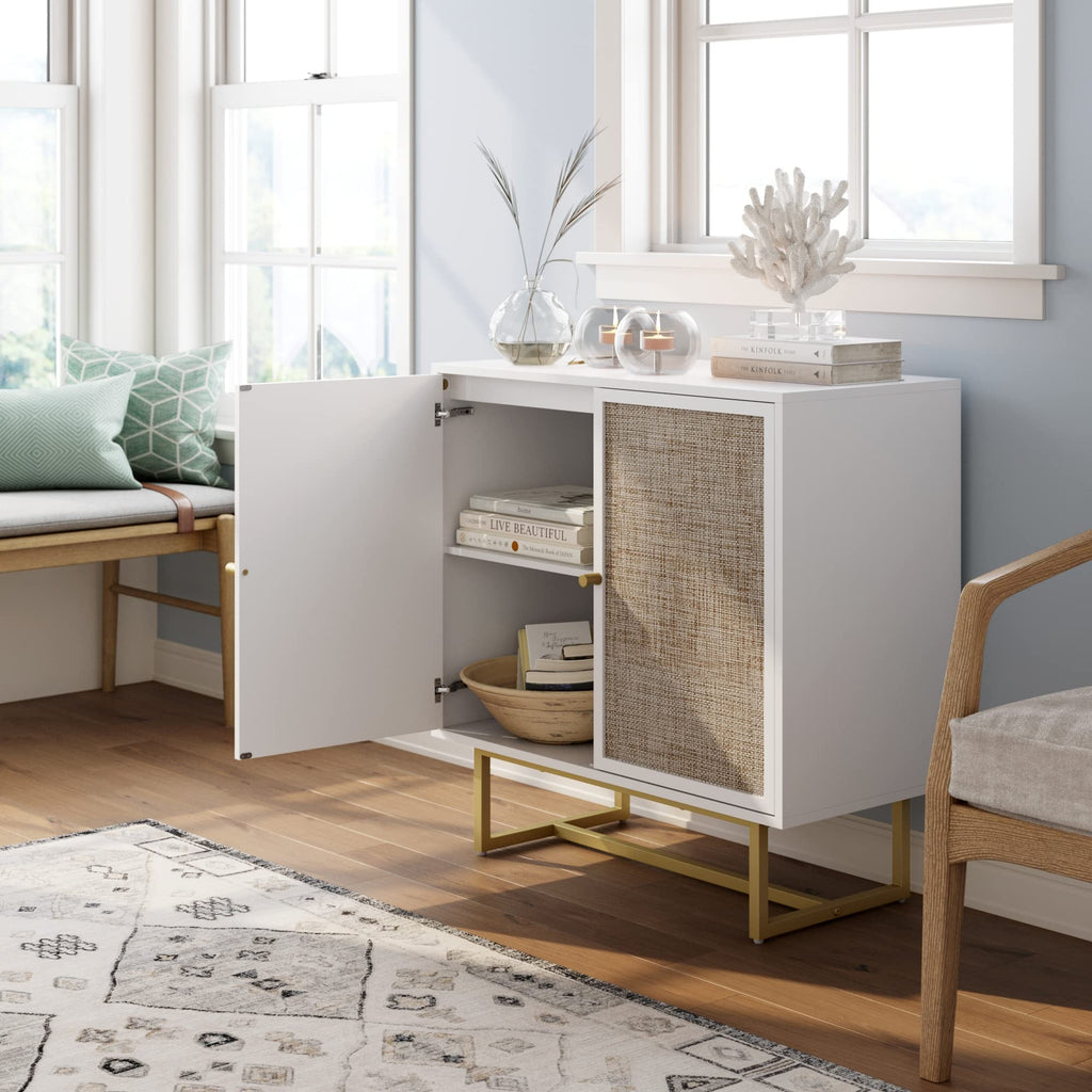 Nathan James Kova Rattan Wood Accent Sideboard Storage Cabinet with Matte Metal Frame, Adjustable Interior Shelves and Cane Doors, for Hallway, Entryway or Living Room, Black Oak/Cane