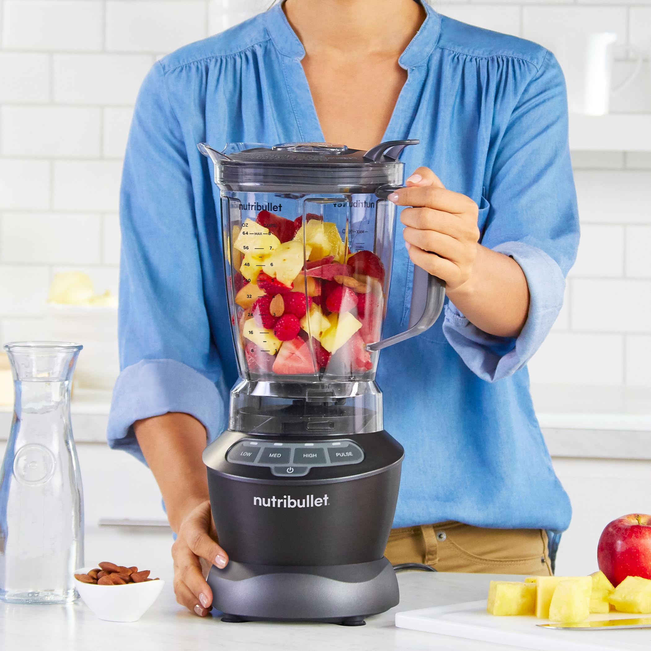 nutribullet Full-Size Blender Combo, Single-Serve & Large Capacity, 1200W, 64oz Pitcher, 32oz Cup, Extractor Blade, 3-Speed, Pulse, Smoothies, Soups, Sauces, Easy Cleaning, Matte Black, NBF50500AK