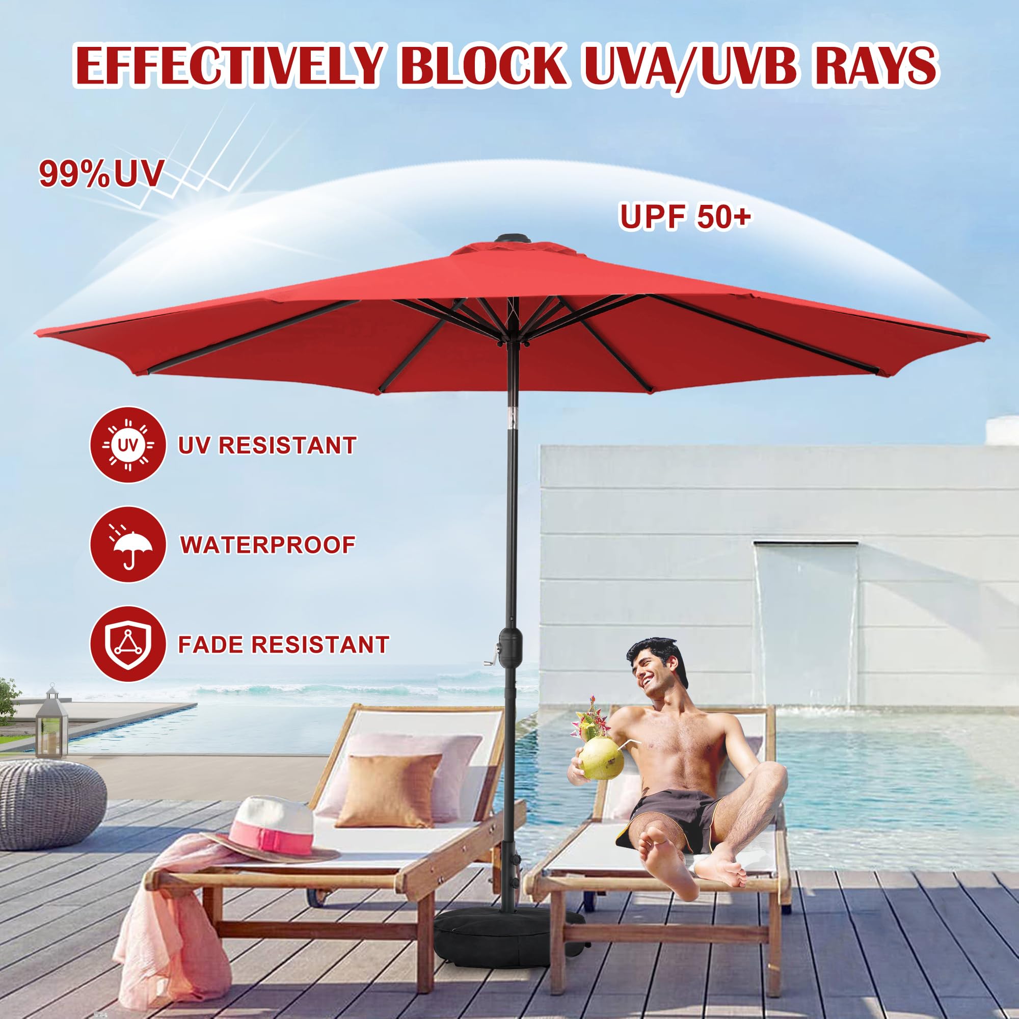 Sundale Outdoor 9FT Patio Umbrella with Sand Bag Umbrella Base, Outdoor Umbrella with Tilt and Crank, Beige