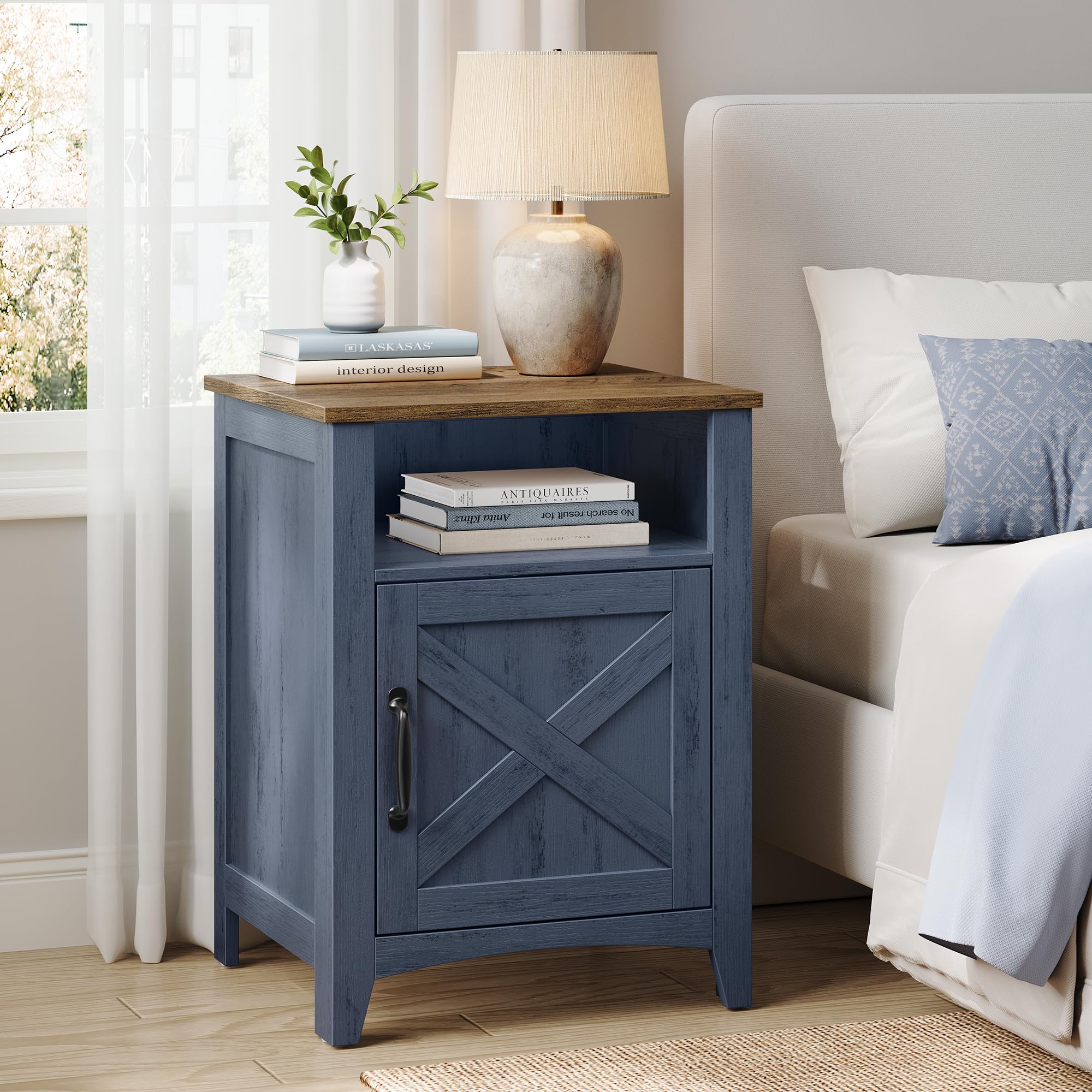 VASAGLE LIRY Collection - Farmhouse Nightstand with Barn Door, Bedside Table with Storage, Side End Table, Night Stand, Open Compartment, for Bedroom, Misty Gray ULET609G68