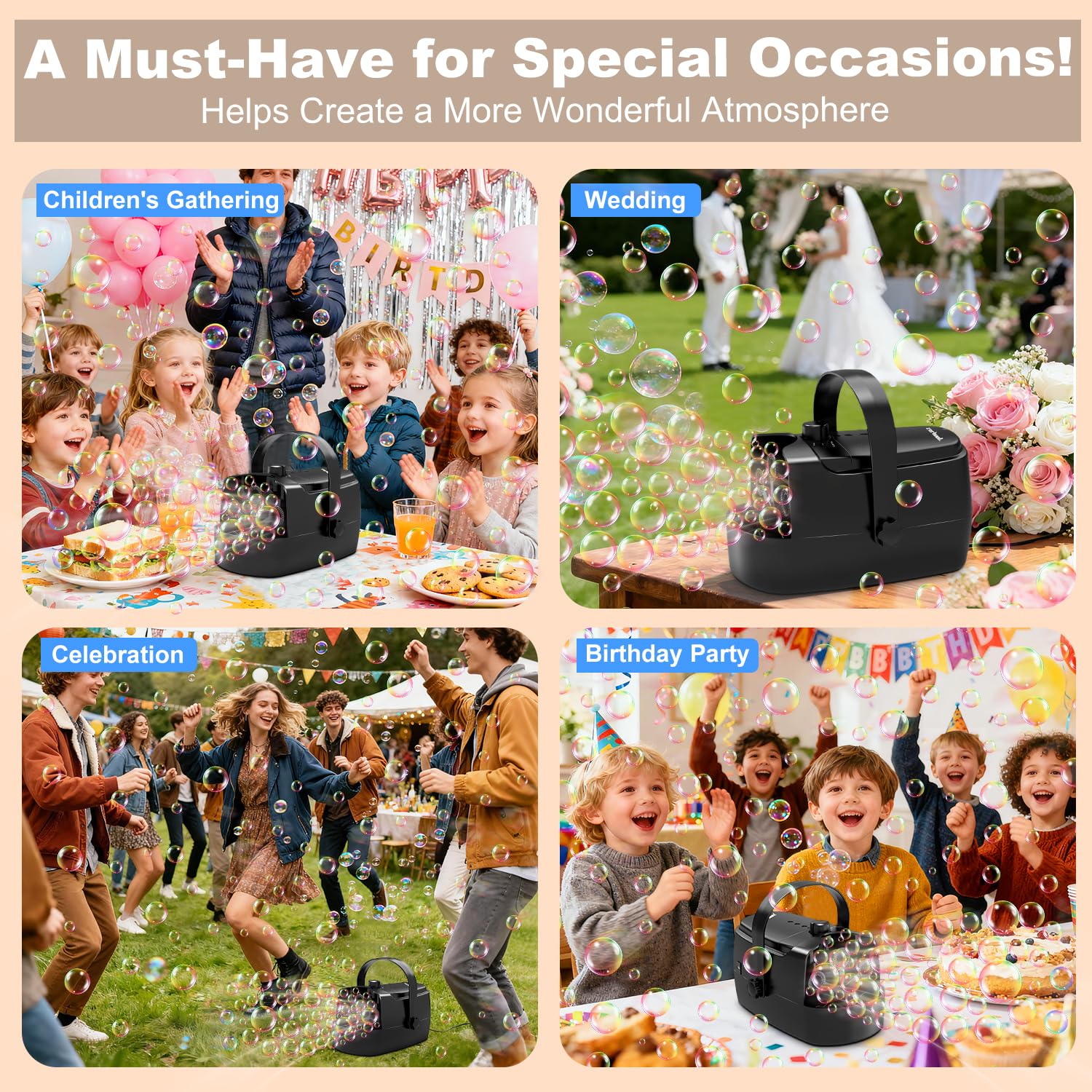 Zerhunt Durable Bubble Machine for Party: 3 Power Modes for Non-Stop Fun - 18000+ Bubbles Per Minute High Output 30 Mins Bubbles per Refill - Kids Safe Auto-Stop for Outdoor Backyard Birthday