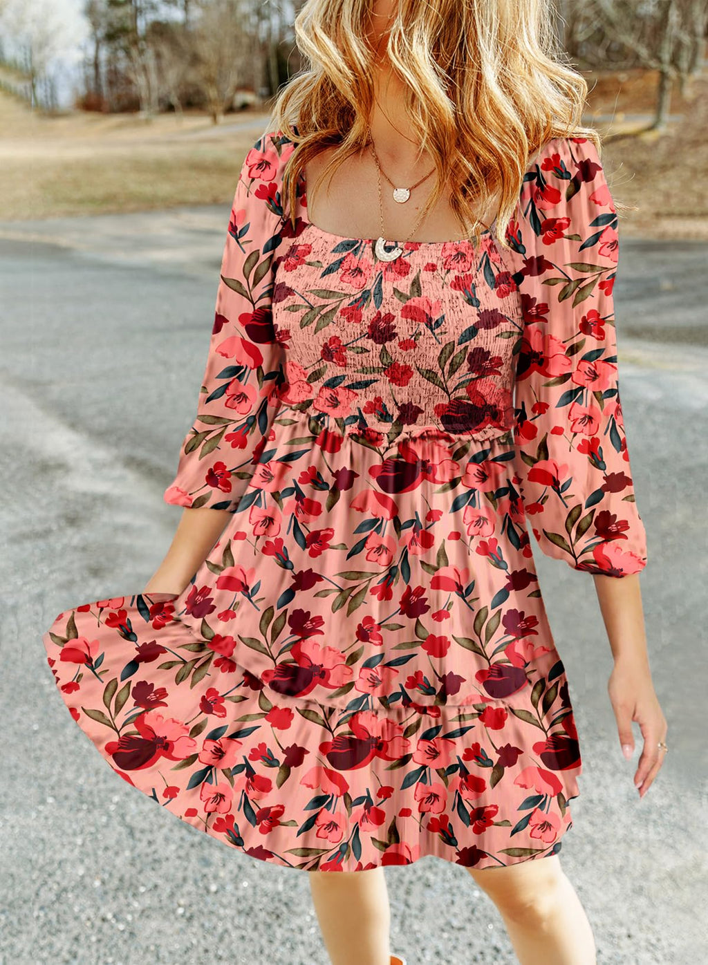 Dokotoo Fall Dresses for Women 2025 Boho Floral Square Neck Smocked 3/4 Sleeve Casual A-Line Swing Mini Dress Sundress