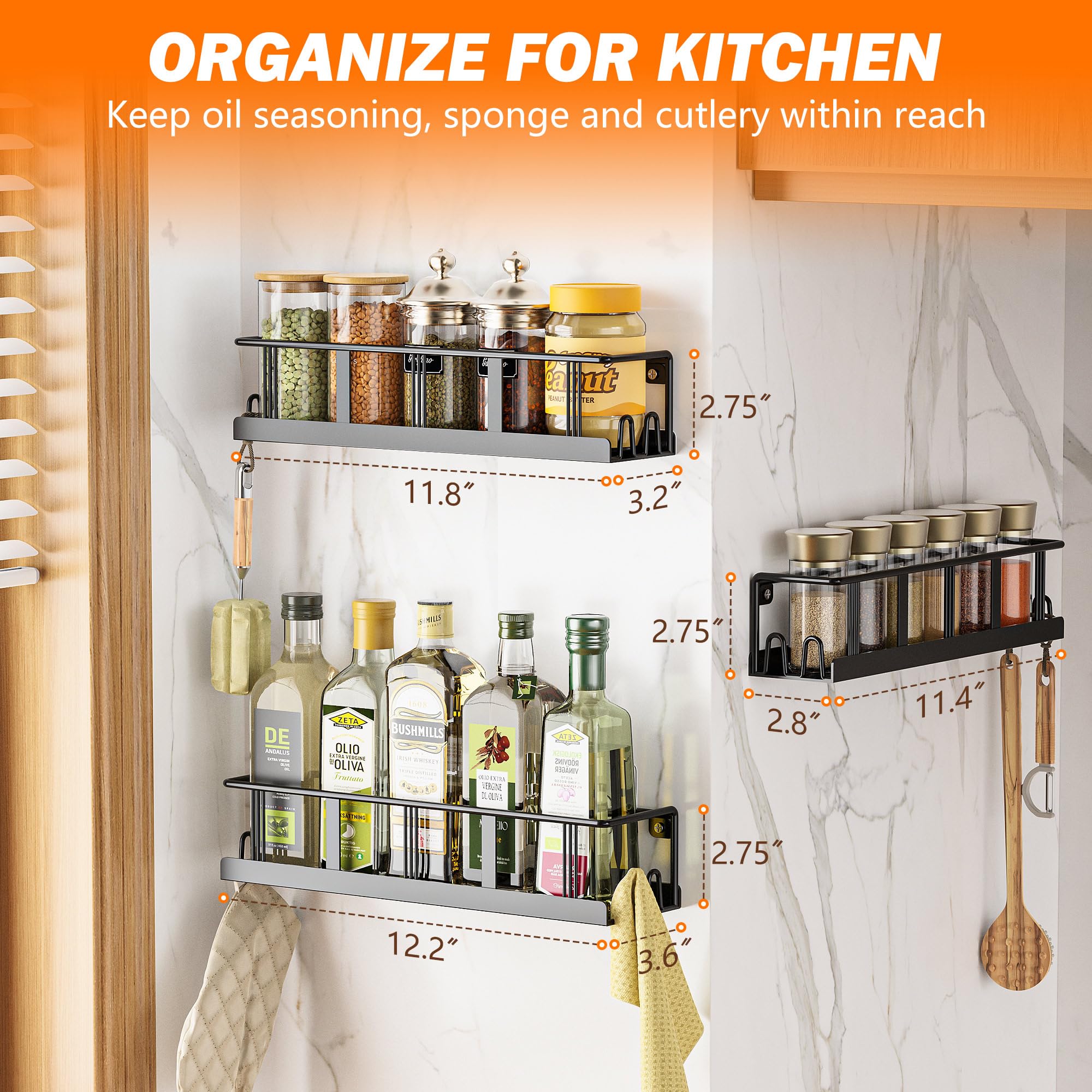 Bunoxea Spice Rack Wall Mounted 2 Pack,RV Spice Rack,Black | 8 Built-in Hooks,2 Versatile Sizes, Space-Saving,Flat Base, Screw or Adhesive, For Kitchen Cabinet, Pantry Door,Stove,RV