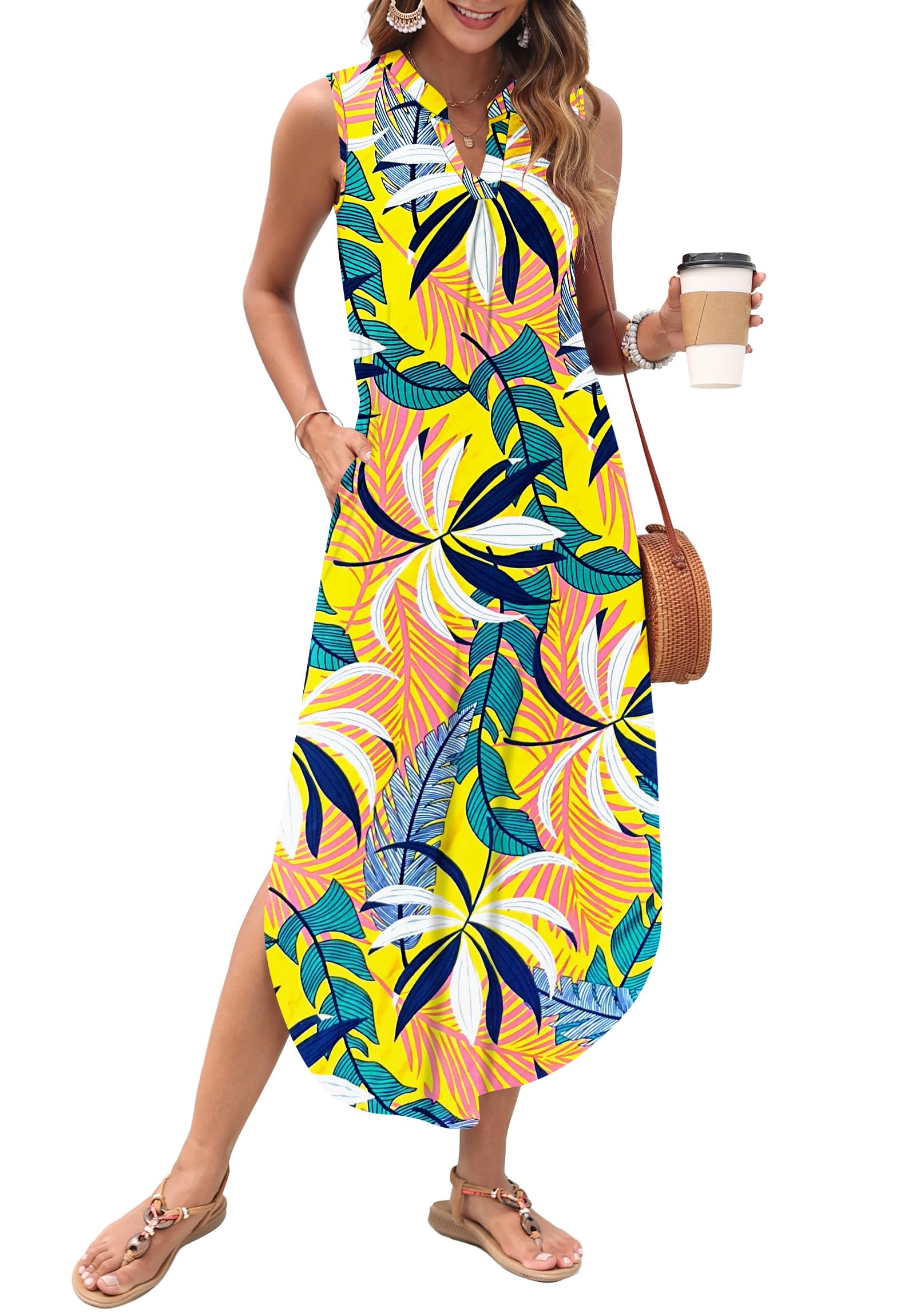 AUSELILY Womens Summer Casual Maxi Dresses 2026 Sleeveless Long Beach Dresses V Neck Loose Sundresses with Side Split Pockets