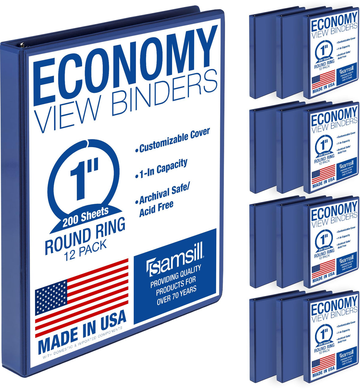 Samsill 1 Inch 3 Ring Binders, Economy Round Ring, Clear View Cover, 200 Sheet Capacity - for School, Home, Office - Blue, 4 Pack