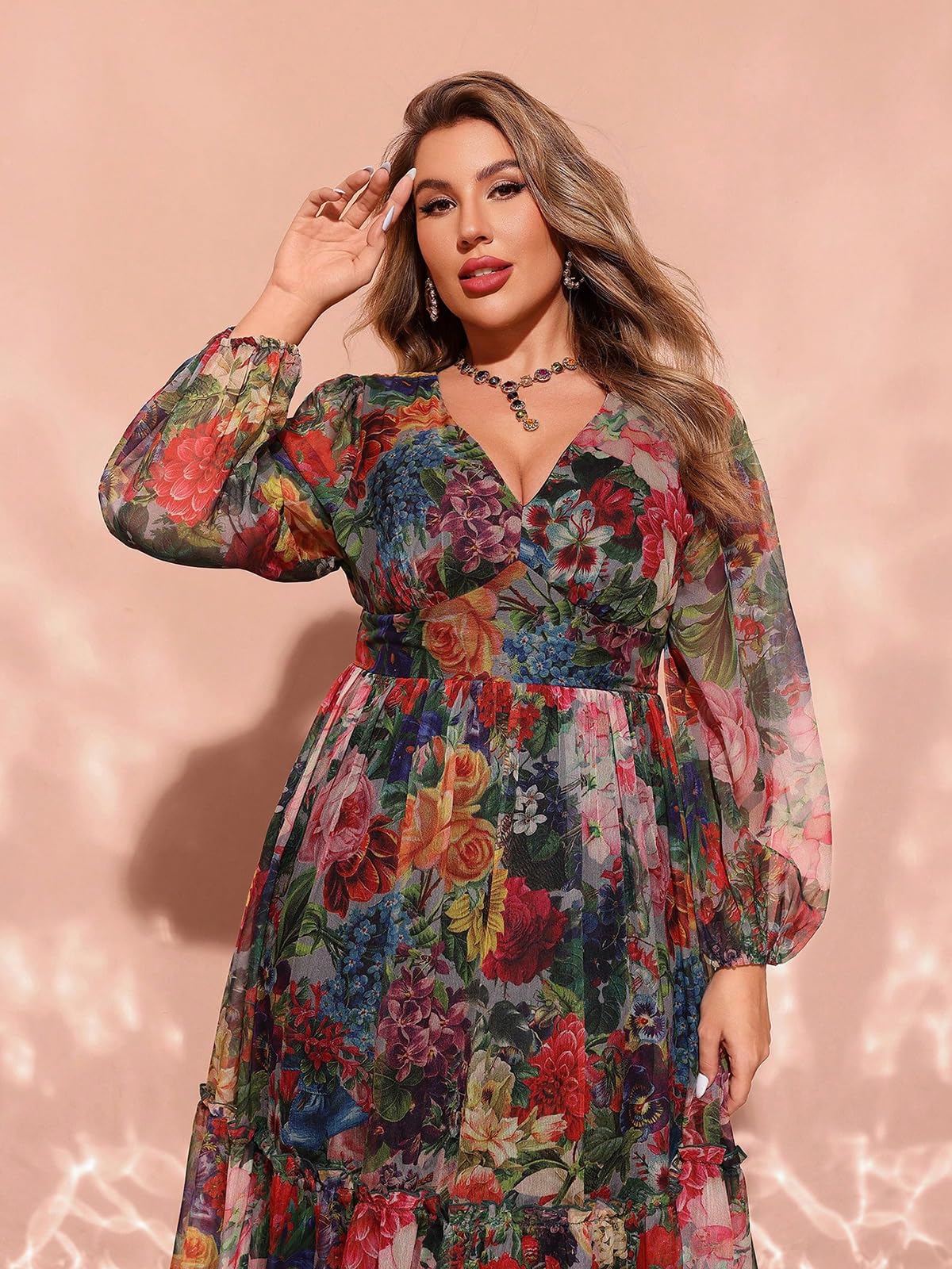 Spring Summer 2024 Plus Size Womens Dresses V Neck Casual Elegant Long Sleeve Floral Print Maxi Dress