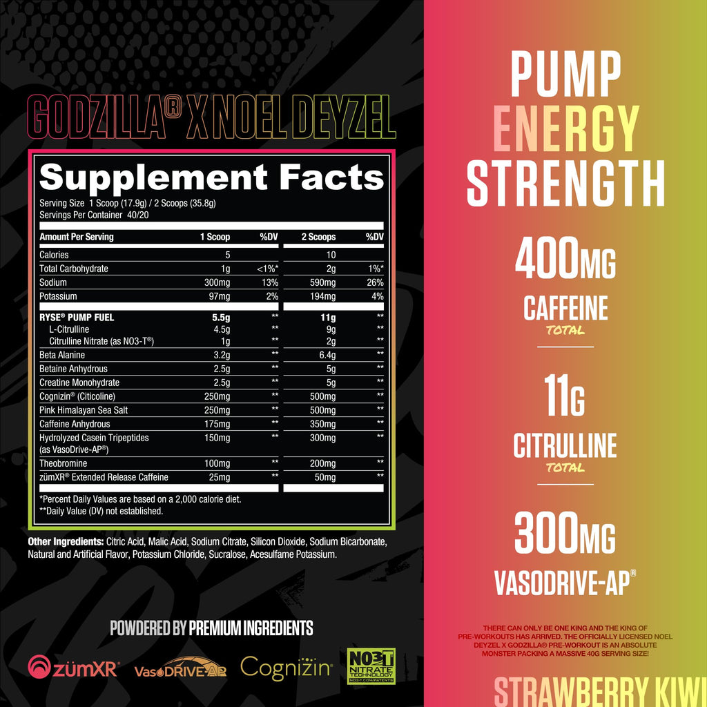 RYSE Godzilla X Noel Deyzel Pre Workout Powder - BlackBerry Lemonade - 400mg Caffeine, High Stim Pre-Workout for Men & Women with Citrulline & Beta Alanine - Energy, Pump & Focus - 20/40 Servings
