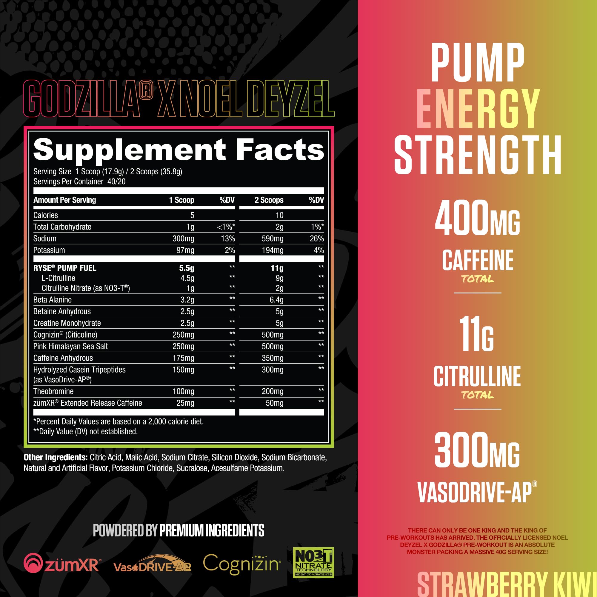 RYSE Godzilla X Noel Deyzel Pre Workout Powder - BlackBerry Lemonade - 400mg Caffeine, High Stim Pre-Workout for Men & Women with Citrulline & Beta Alanine - Energy, Pump & Focus - 20/40 Servings