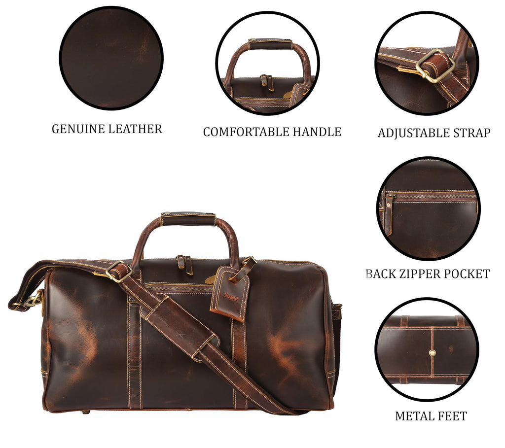 KomalC Leather Duffle Bags for Men and Women Travel Overnight Weekend sports bag holdall Gym Duffel for Men (Dark Tan, 20 Inch)