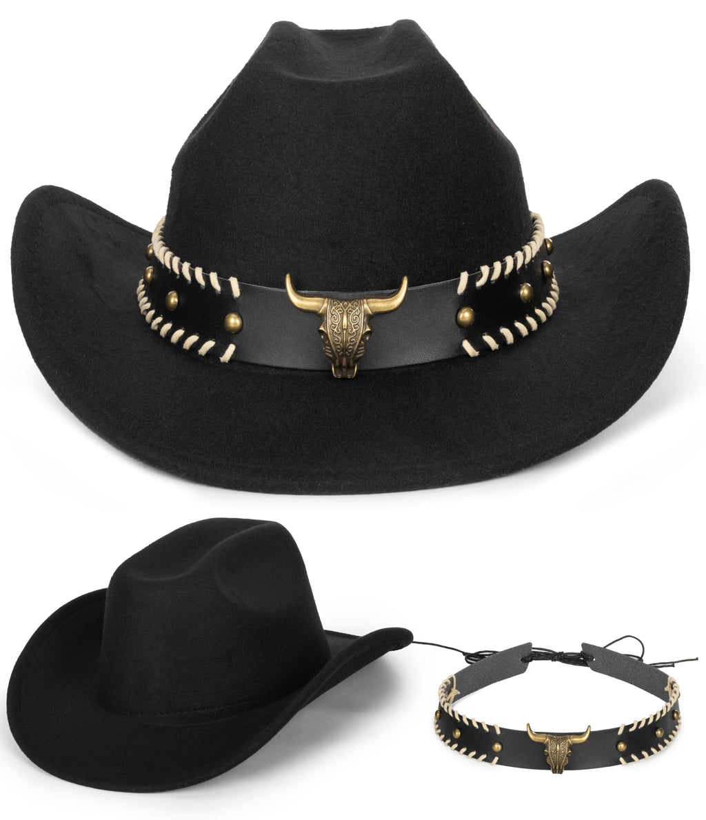 Eohak Womens Western Cowboy Hats Studded Pinched Western Cowgirl Hats Wide Brim Fedoras Hat with Belt Buckle (Size:Medium)