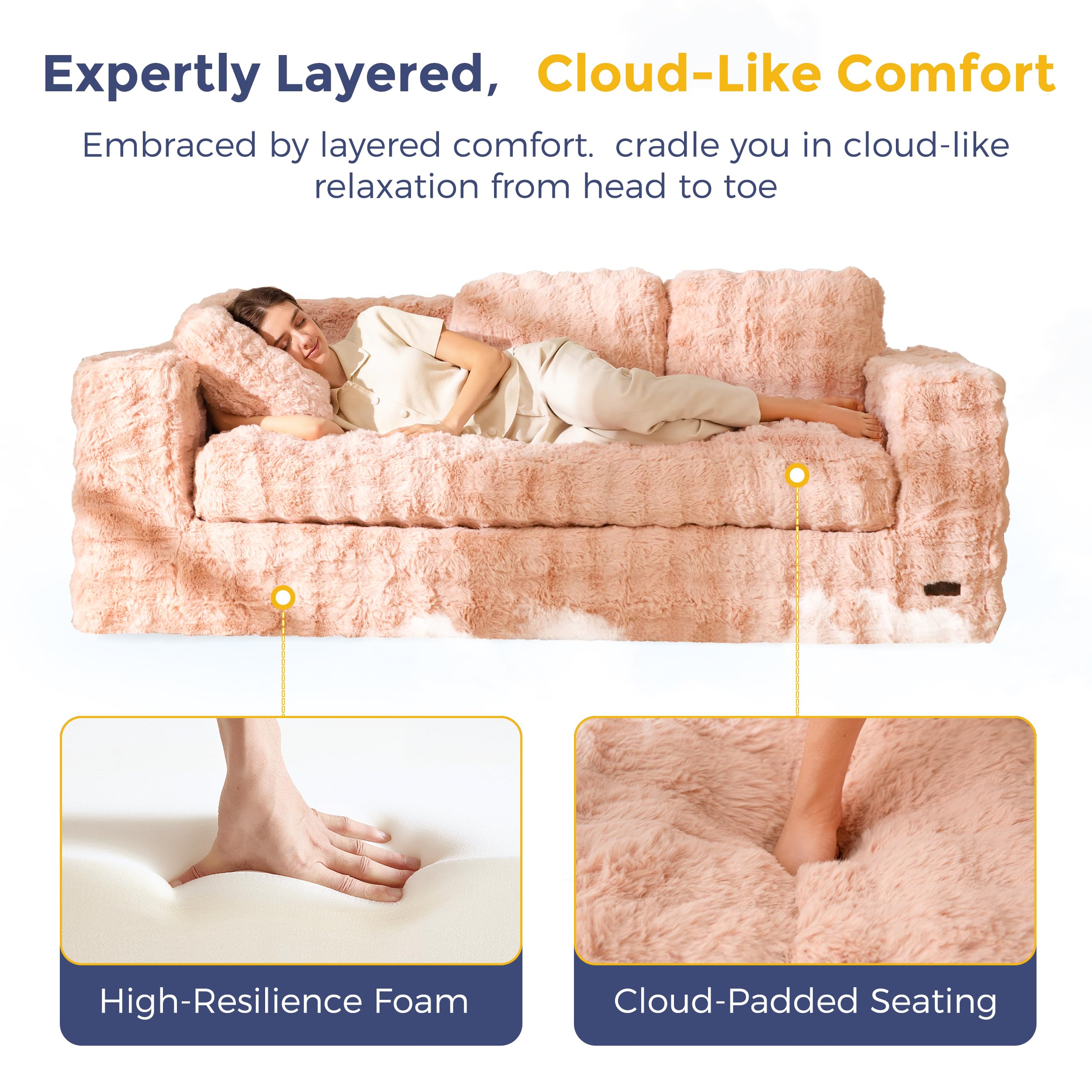 MAXYOYO 3 Seater Sofa Couch for Living Room, Tufted Boneless Couch Sofa Couch, Comfy Bubbled Bean Bag Chair for Apartment, No Assembly Needed, Beige