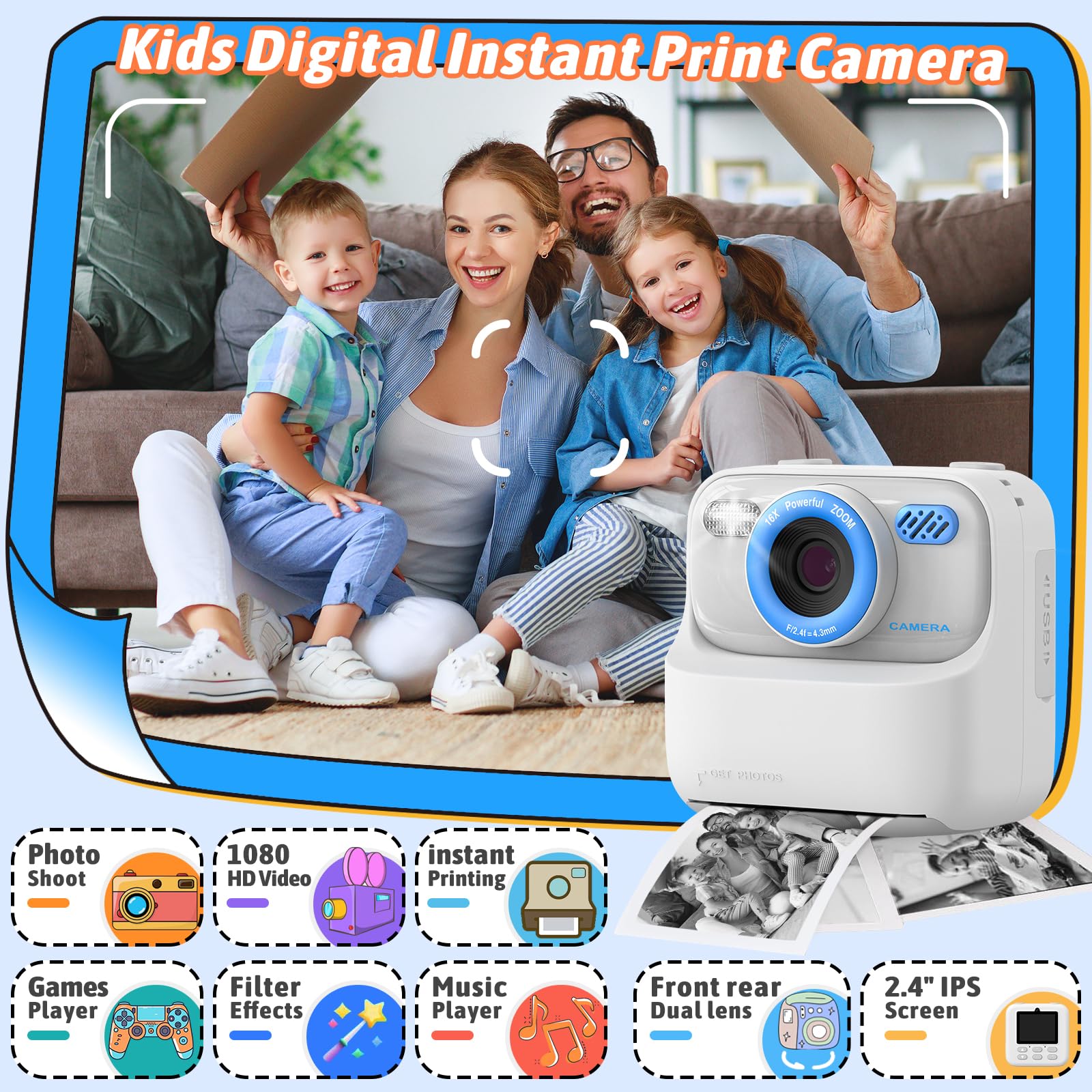 Kids Instant Digital Cameras for Boys and Girls, 1080P HD Dual-Lens Selfie Digital Camera with Print Paper & 32G Card, Christmas Birthday Gifts Toys for Toddler and Teenagers Age 3-16 Years Old