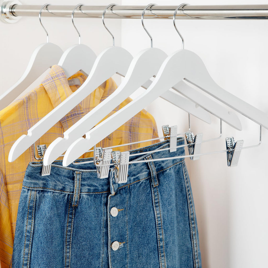 TOPIA HANGER Wooden Suit Hangers with Adjustable Metal Clips (10 Pack), Solid Wood Clothes Hangers, 360° Swivel Hook, Premium Retro Finish Pants Hangers for Clothes Coat, Jeans, Blouse-CT28A