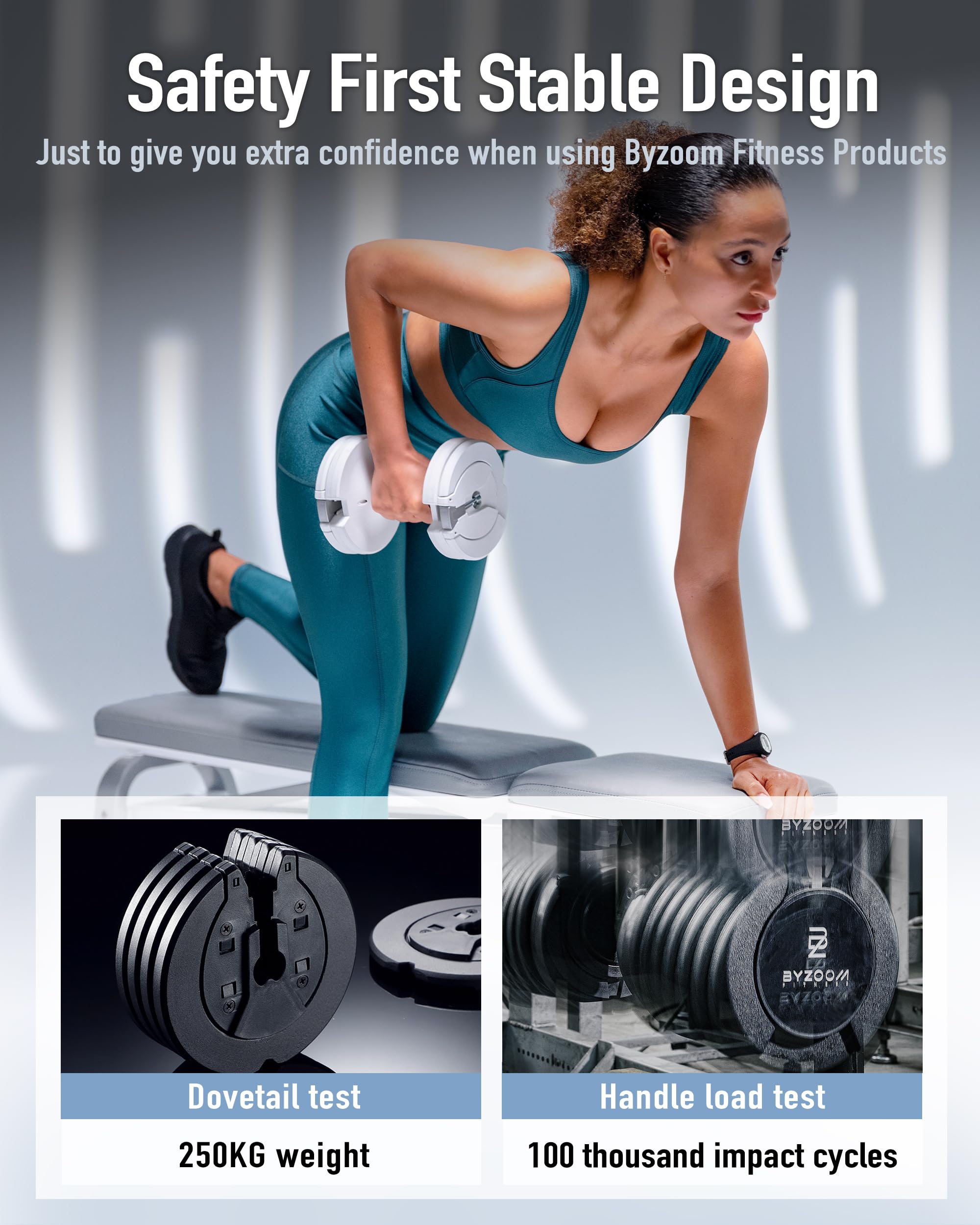 BYZOOM FITNESS Pure Series Adjustable Dumbbell - 12.5/25/27.5/50/55/75lb - ONE UNIT OR PAIR(check QTY before purchase) - 5-in-1/ 10-in-1 / 15-in-1 / 21-in-1 Flexible Hand Weights for Home Apartment Garage Gym, Strength Training & Fitness Workouts, White O