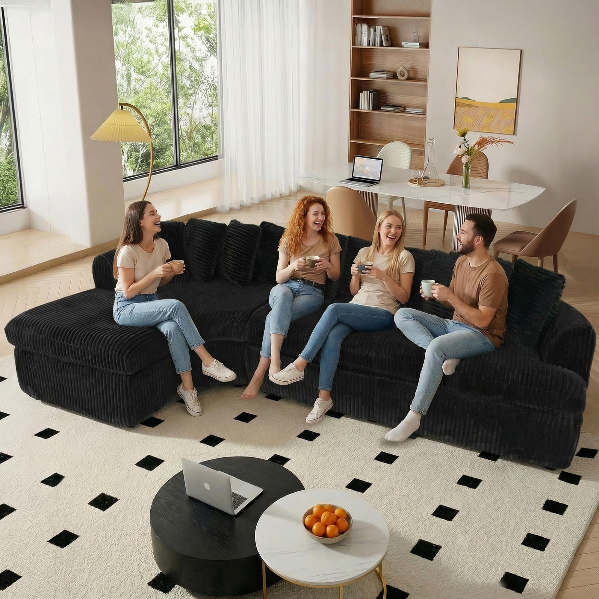 129'' Cloud Sectional Couches for Living Room, Oversized L Shaped Couch, Curved Boneless Sofa, Corduroy Upholstered Corner Sofa, Black