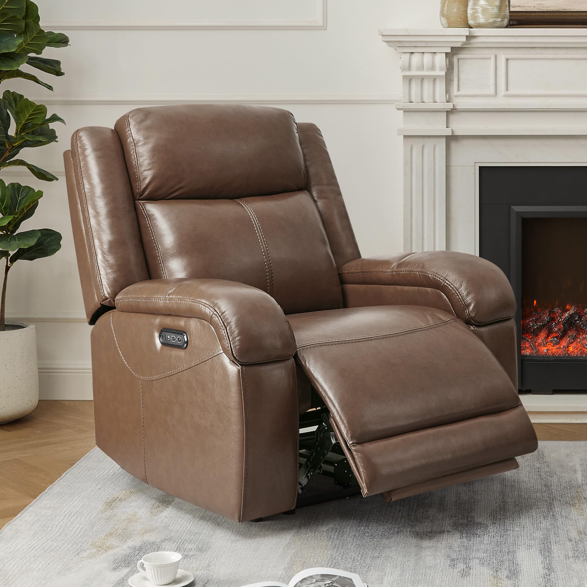 Watson & Whitely Genuine Leather Power Recliner Chairs for Adults, Wall Hugger RV Recliner with Power Headrest & Charging Ports, Electric Recliner Sofa Chair for Living Room, Black