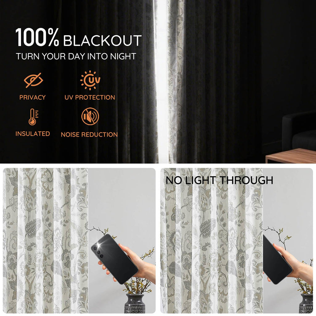 Kayne Studio Pinch Pleated Full Blackout Window Curtain Panels Botanical Floral Boho Leaf Print Country Farmhouse GreenYellow Room Darkening Thermal Insulated Window Treatment Bedroom,40"x84",2 Panels