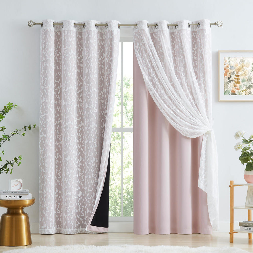 Jubilantex Full Blackout Curtains + Leaf Sheer Window Panels, Beige Mix and Match Style Double Layer Window Treatment Sets for Bedroom Living Room, 4 Panels 52" W x 63" L, Beige and White