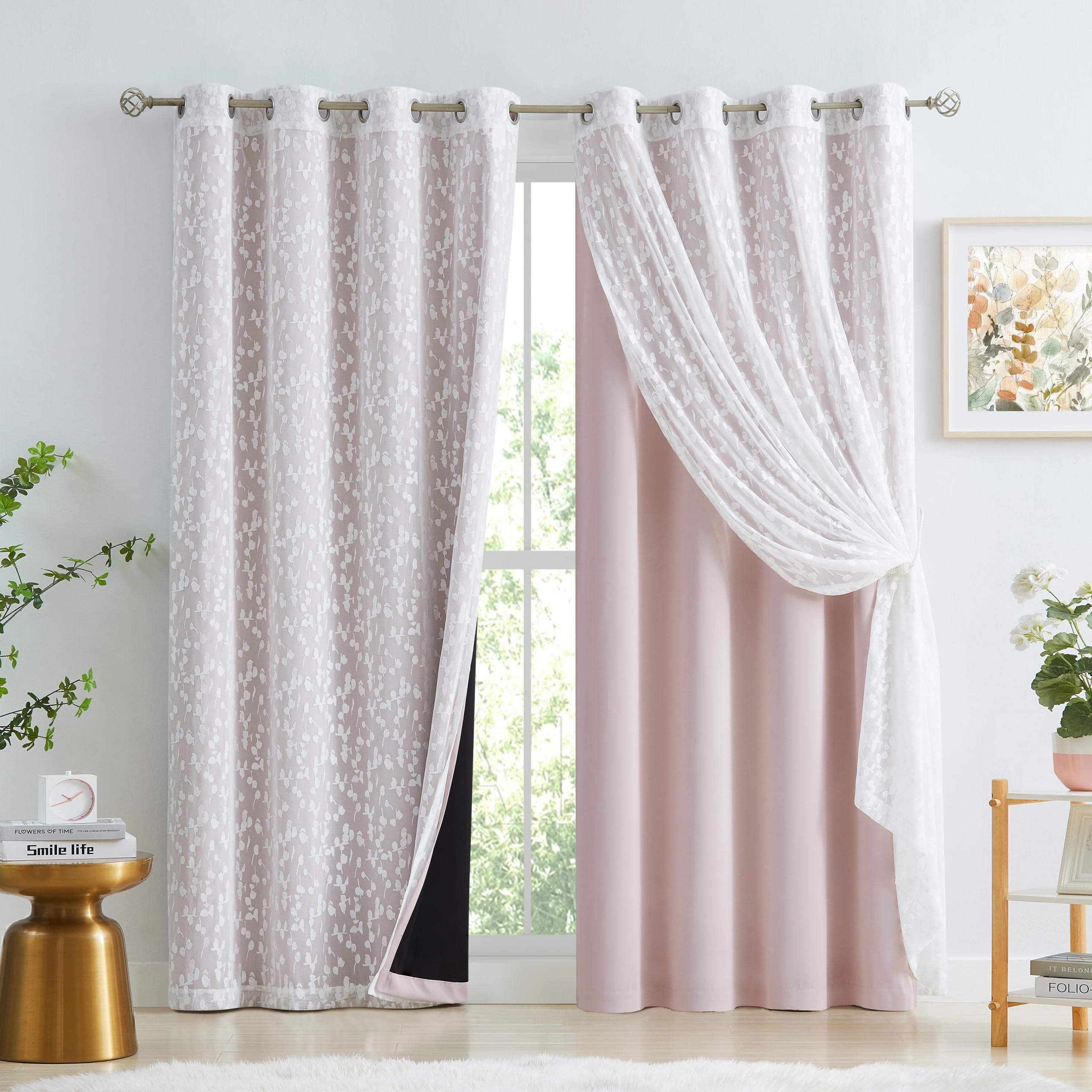 Jubilantex Full Blackout Curtains + Leaf Sheer Window Panels, Beige Mix and Match Style Double Layer Window Treatment Sets for Bedroom Living Room, 4 Panels 52" W x 63" L, Beige and White