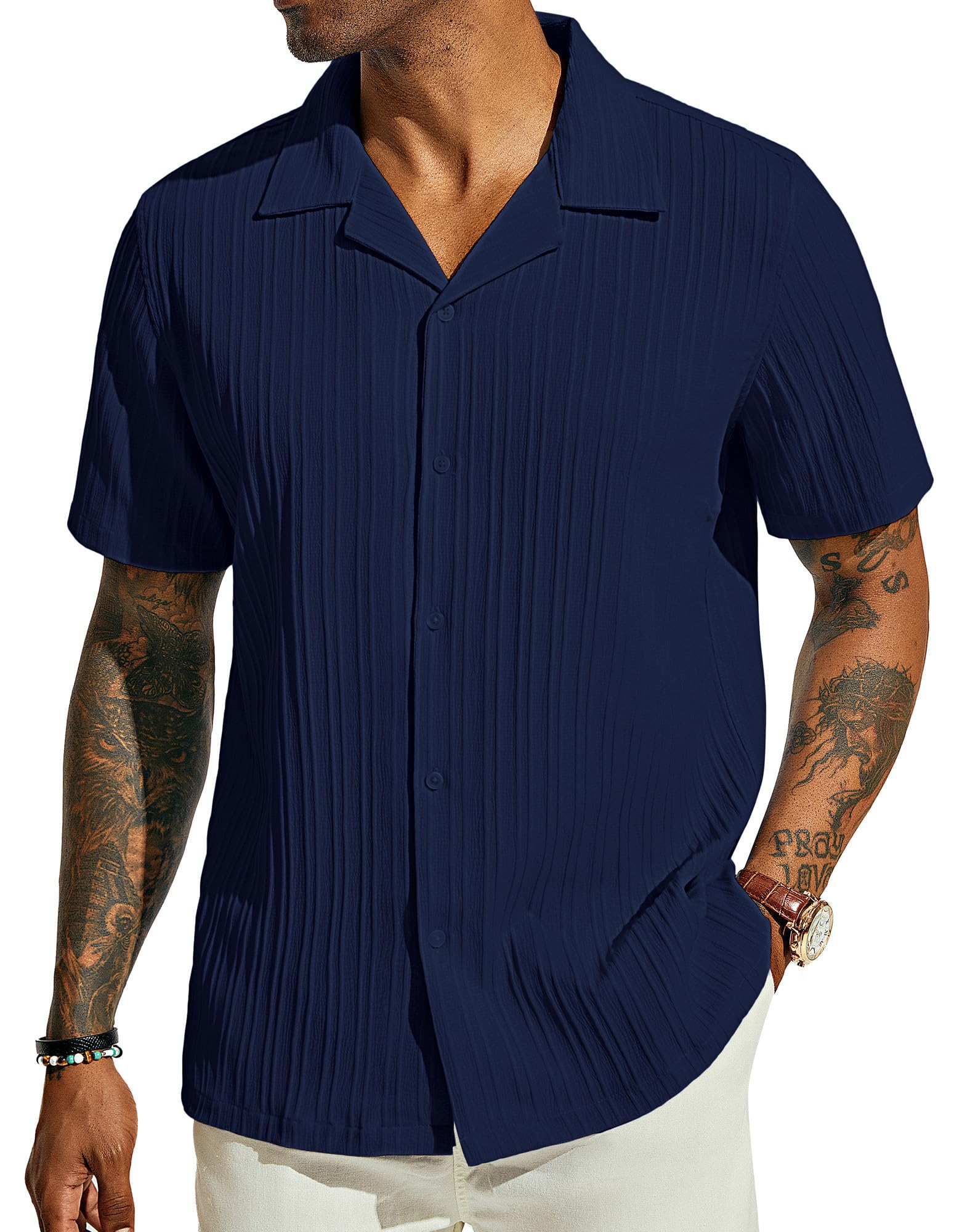 PJ PAUL JONES Men's Casual Button Down Shirts - Short Sleeve Summer Textured Beach Wrinkle-Free Shirts