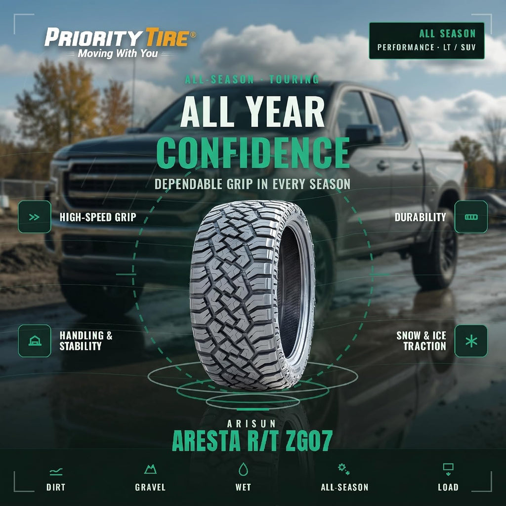 Arisun Aresta R/T ZG07 All-Terrain Mud Off-Road Light Truck Radial Tire-33X12.50R20LT 33X12.50X20 33X12.50-20 114Q Load Range E LRE 10-Ply BSW Black Side Wall